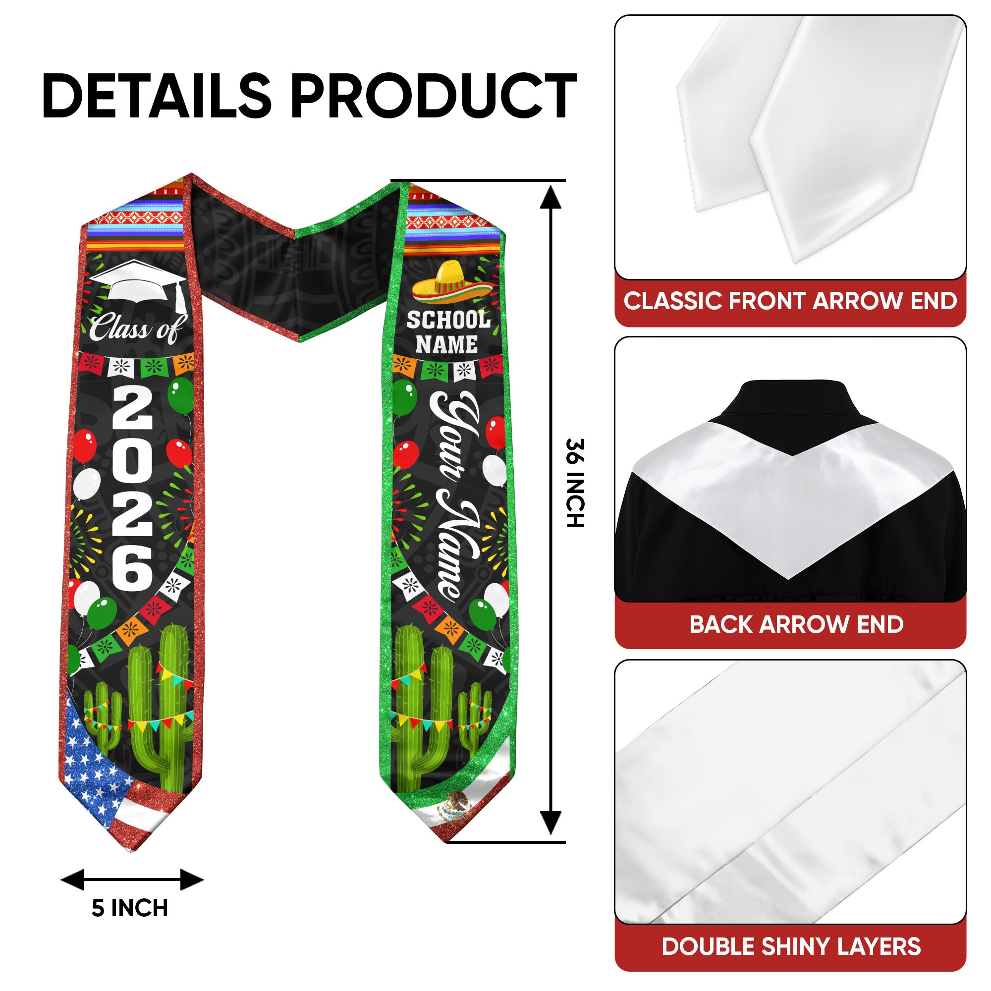 2026 Mexican Flag Graduation Sash, Mexico Stole for Graduation, Personal Detail Available