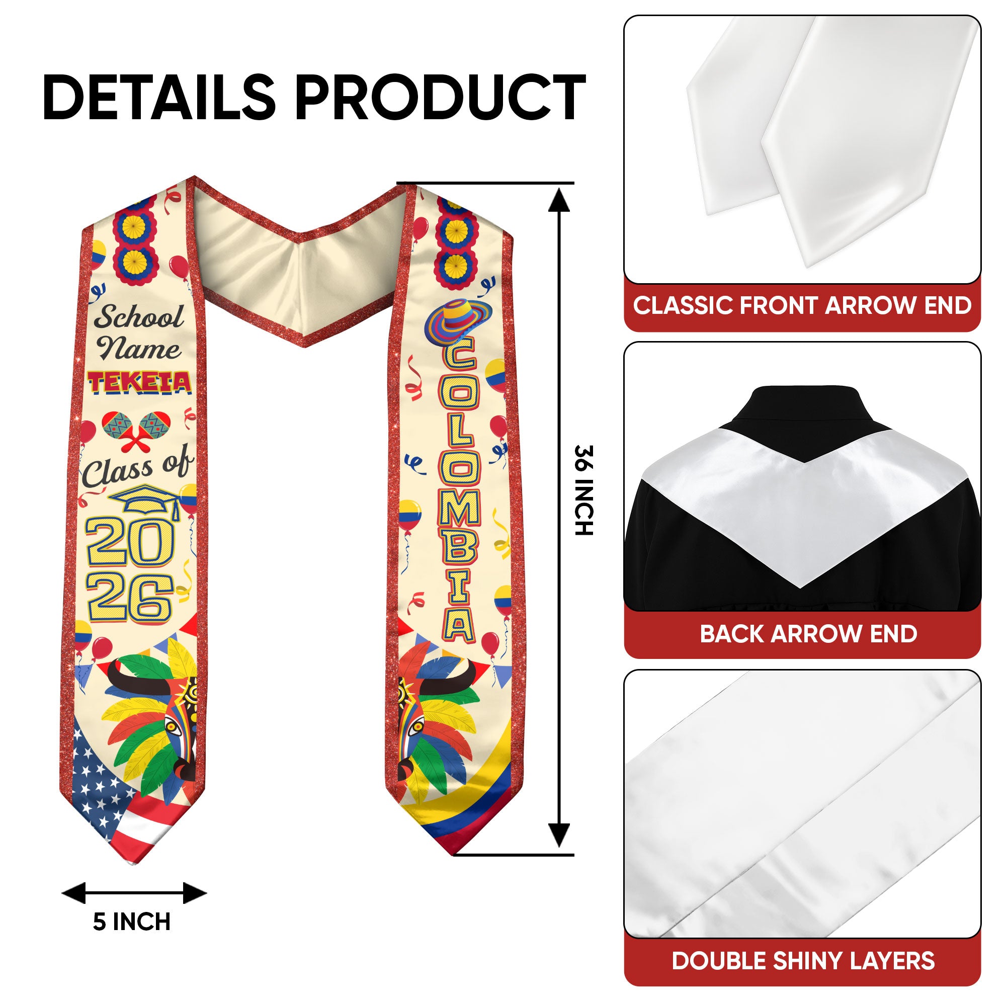 Colombia Flag Graduation Stole 2026, Colombian Grad Sash, Custom Option Class of 2026