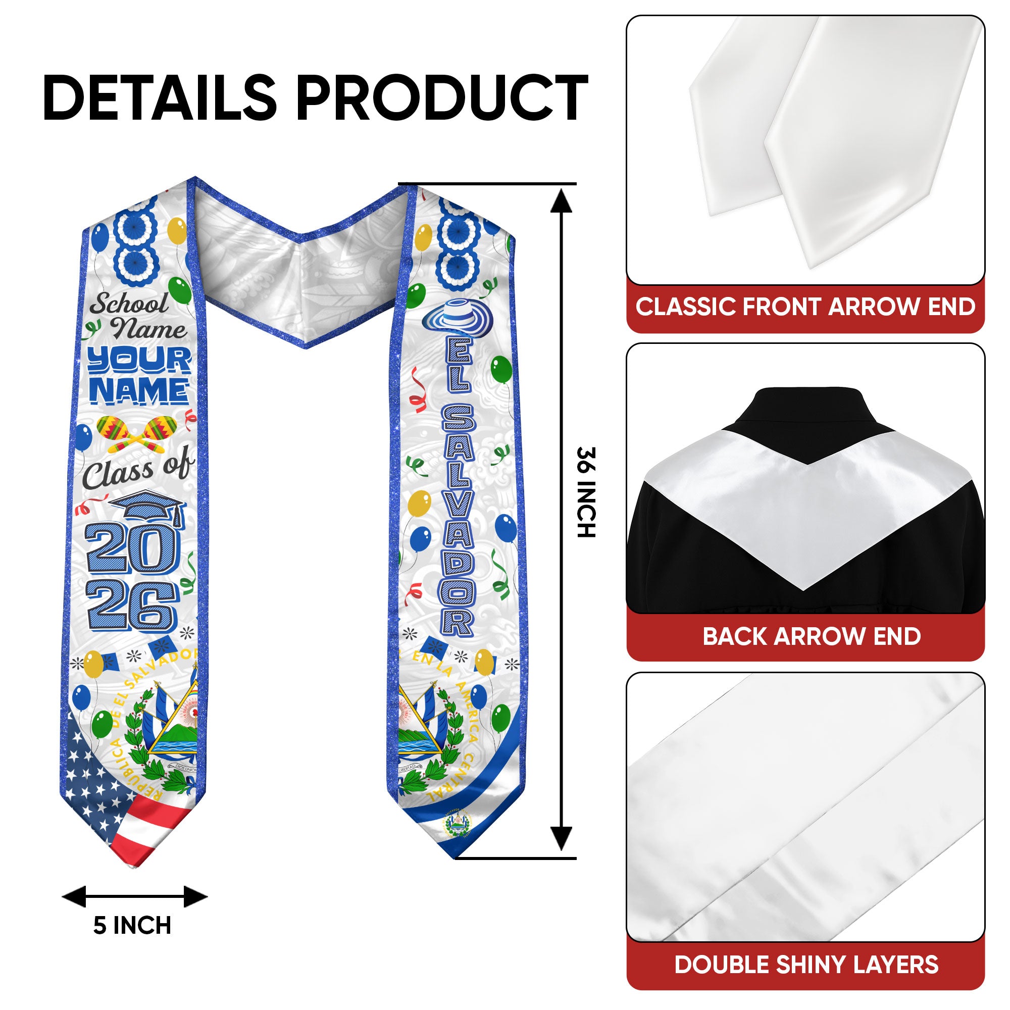 Customized Graduation Stole El Salvador, El Salvador Flag Graduation Sash, Custom Stole for Graduation 2026