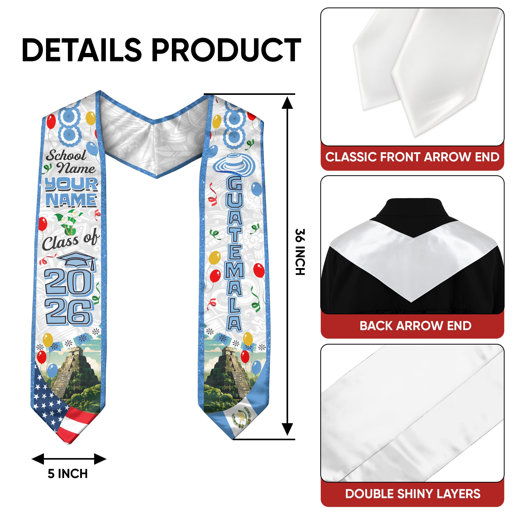 Customized Graduation Stole Guatemala, Guatemala Flag Graduation Sash, Custom Stole for Graduation 2026