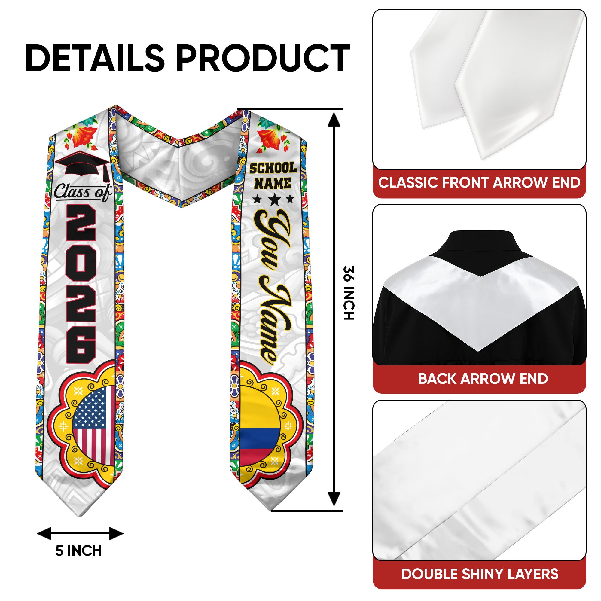 Colombian Graduation Stole 2026, Colombia Flag Sash, Graduation Stole with Custom Details