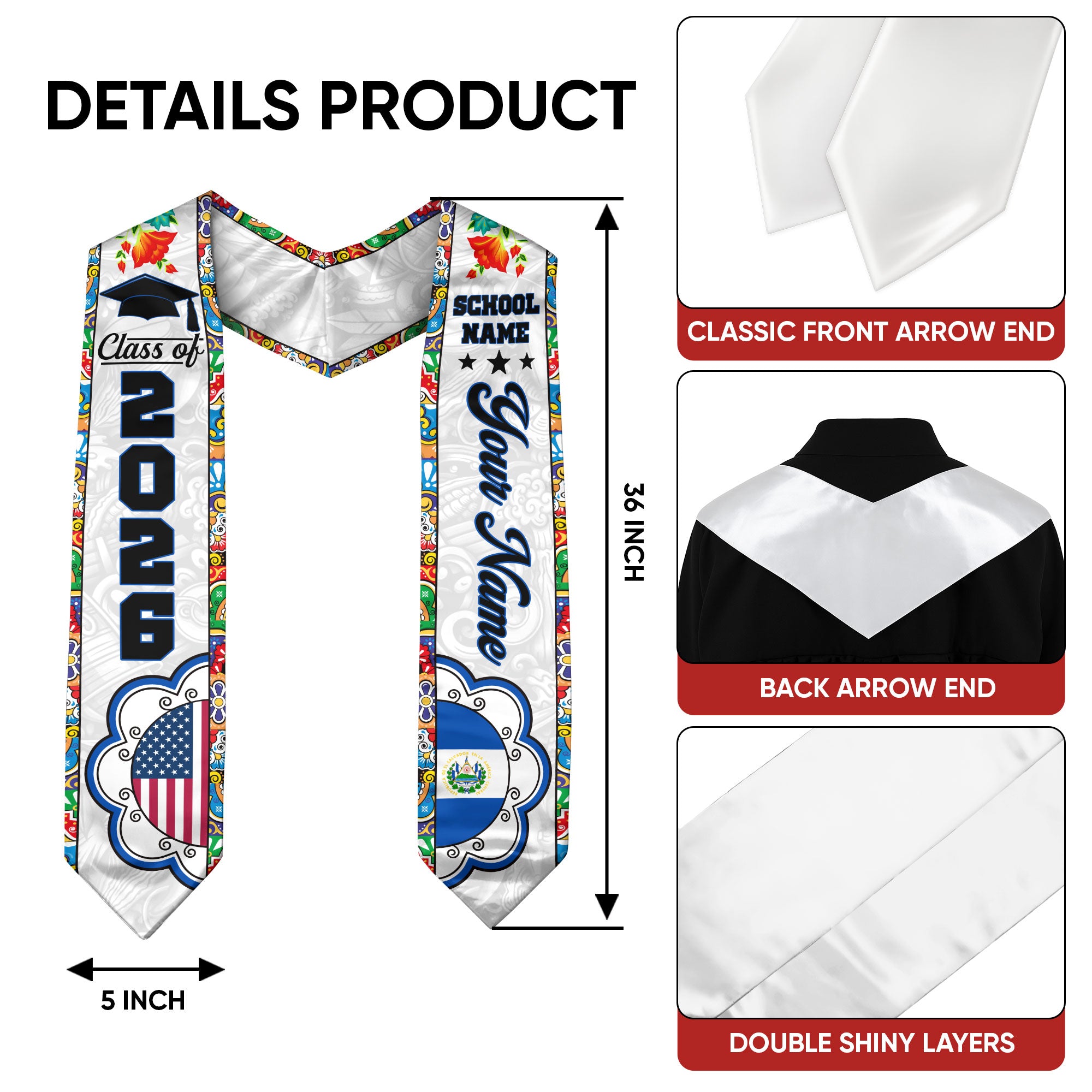 Customized El Salvador American Graduation Stole, El Salvador Flag Graduation Sash, Class of 2026