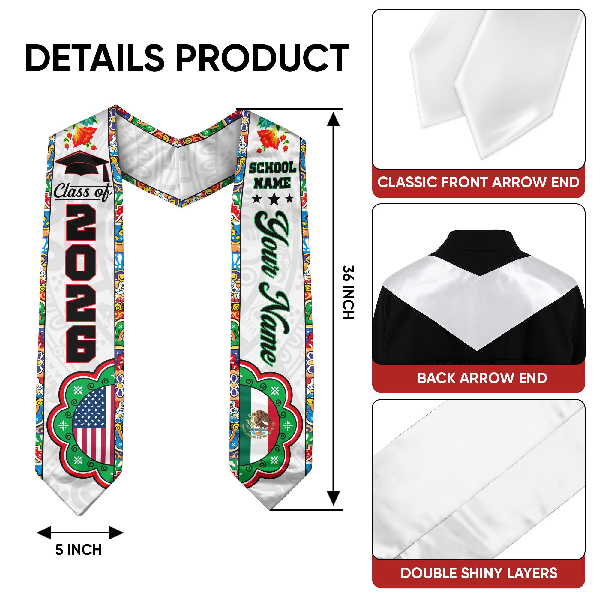 2026 Mexico Flag Graduation Stole, Mexican Sash for Grads, Optional Name Detail