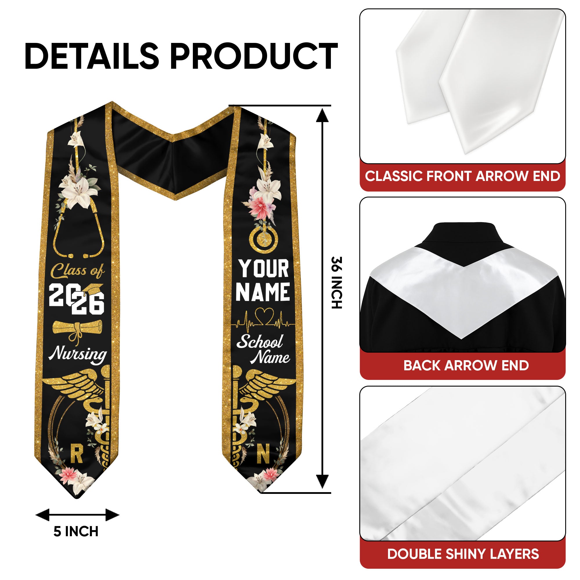 Customized Nursing Graduation Stole for RN Graduates, Professional BSN Sash Class of 2026