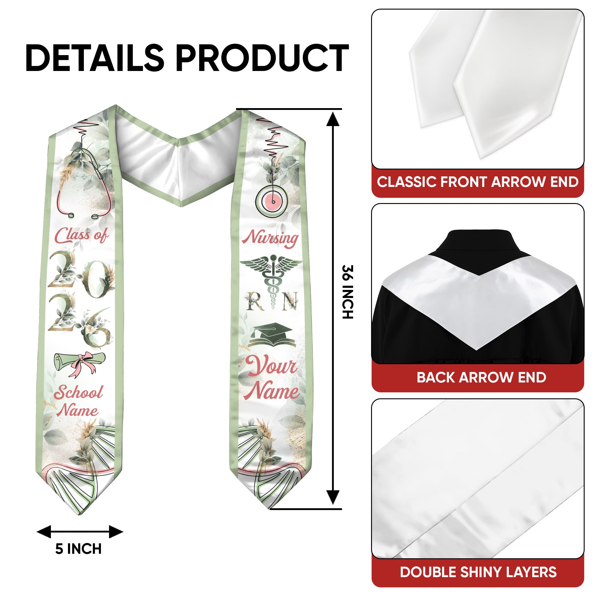 Customized RN Nurse Graduation Stole with Professional Design, BSN Sash Class of 2026