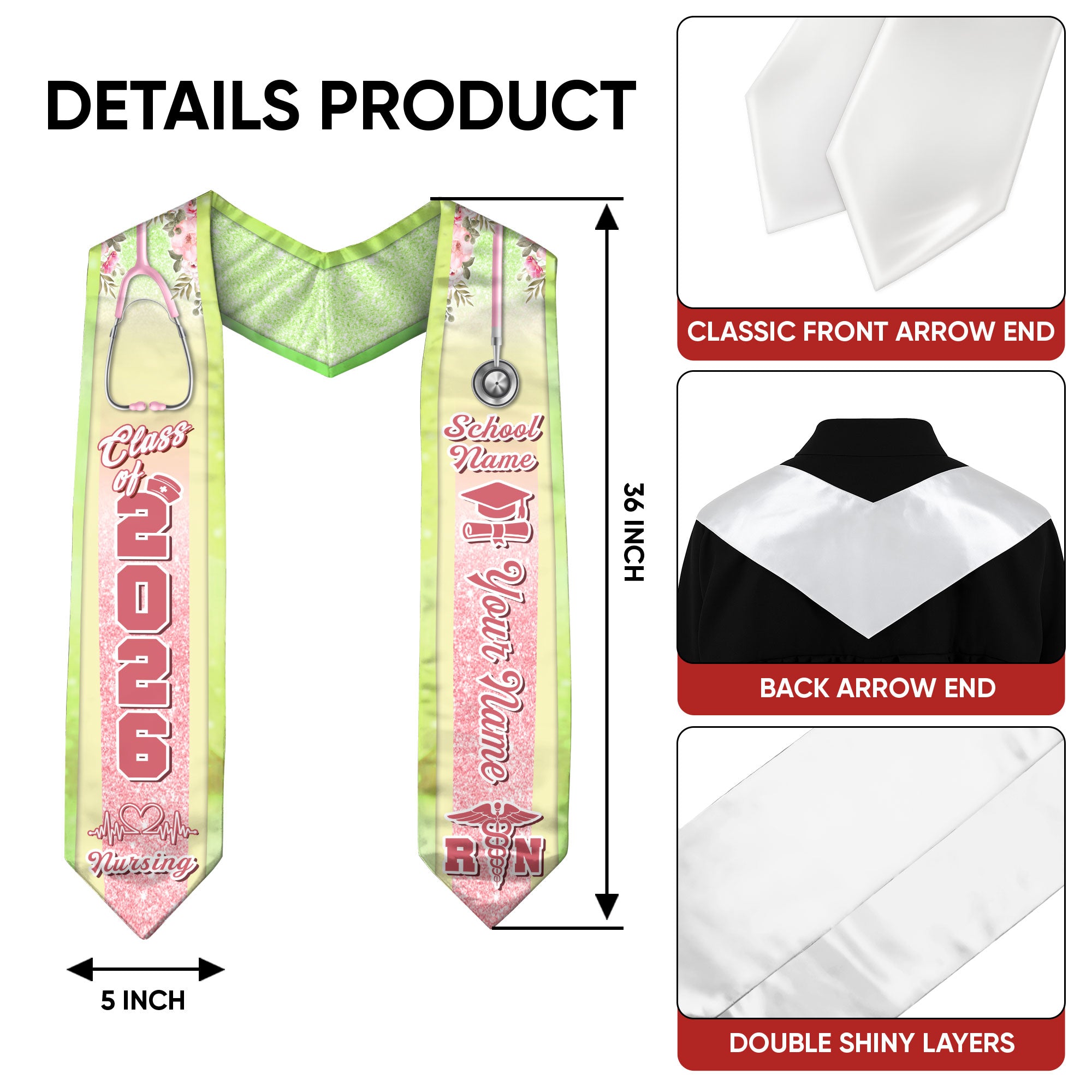 Customized RN and BSN Nursing Graduation Stole, Elegant Nurse Sash for Class of 2026