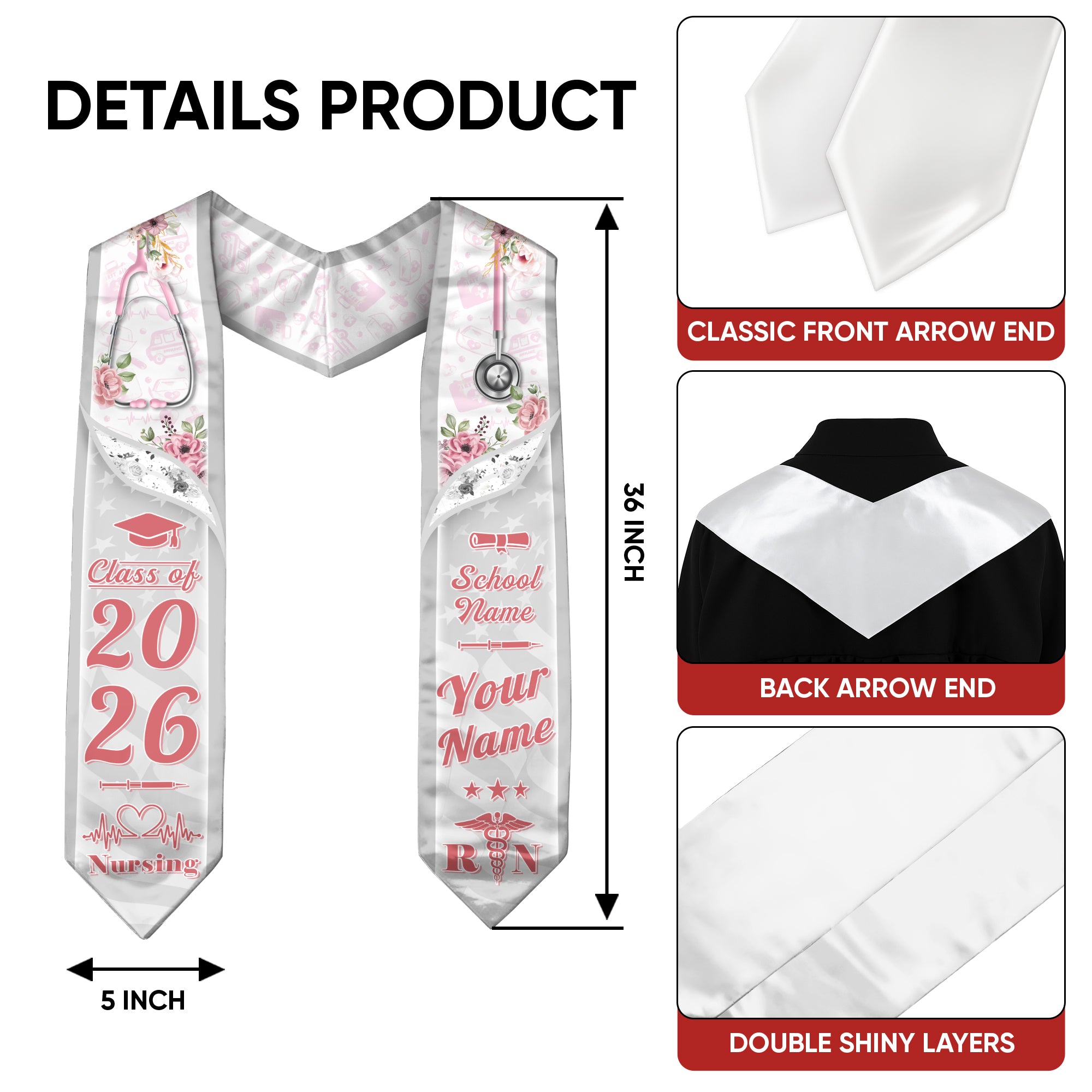 Customized Nursing Graduation Stole for Registered Nurses, BSN Celebration Sash 2026