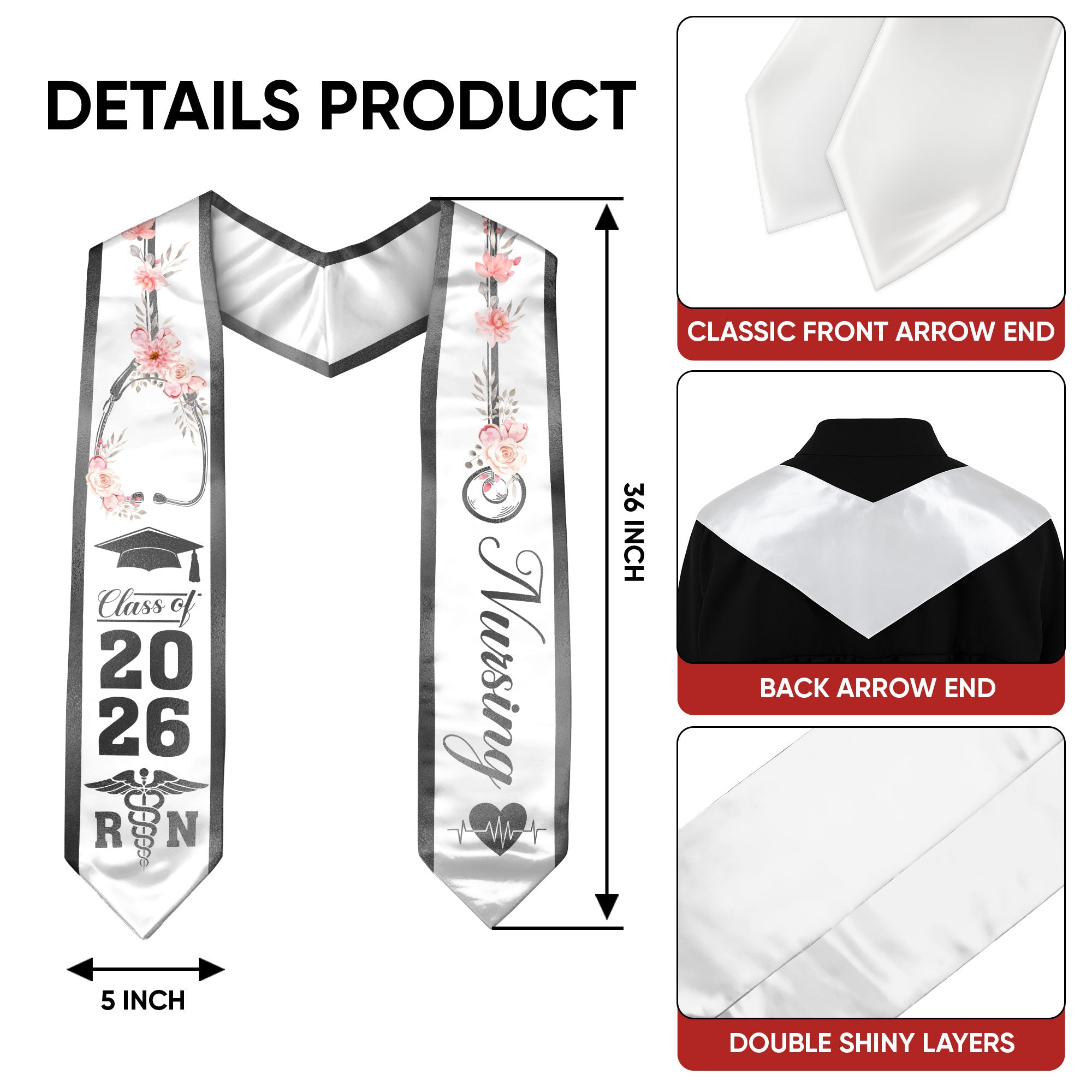 RN Nurse Graduation Stole 2026, Classic Nursing Sash for BSN Graduates Class of 2026