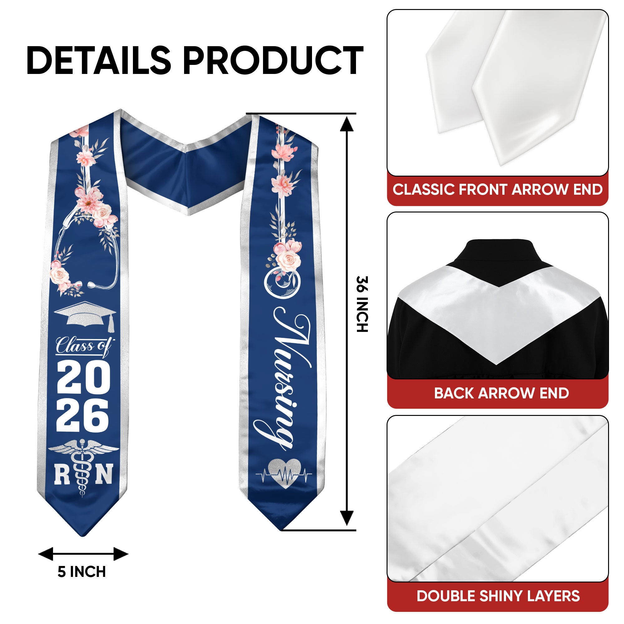 BSN Nurse Graduation Stole 2026, Professional RN Sash for Nursing Commencement