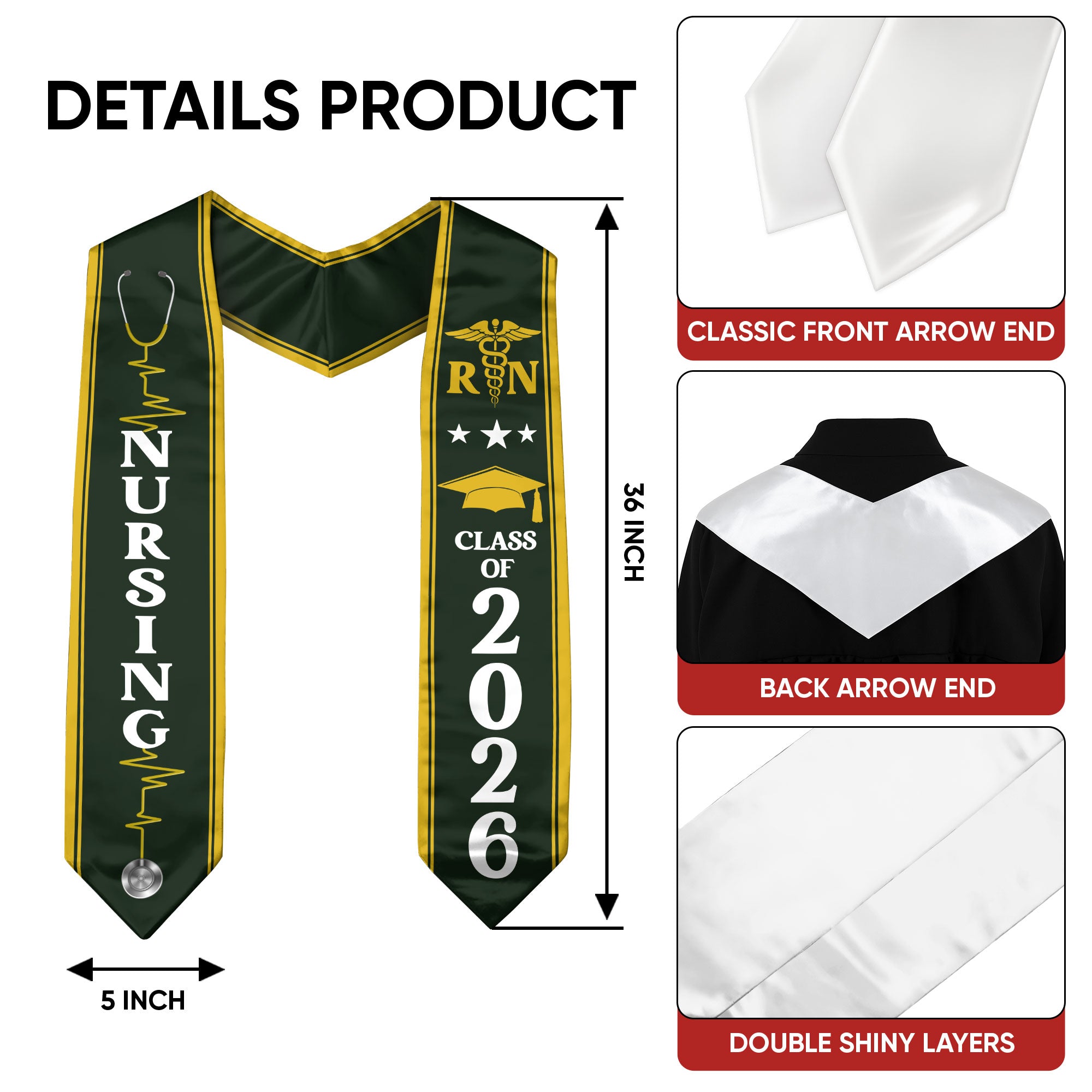 Nursing Graduation Stole 2026, RN BSN Academic Sash for Nurse Commencement Ceremony