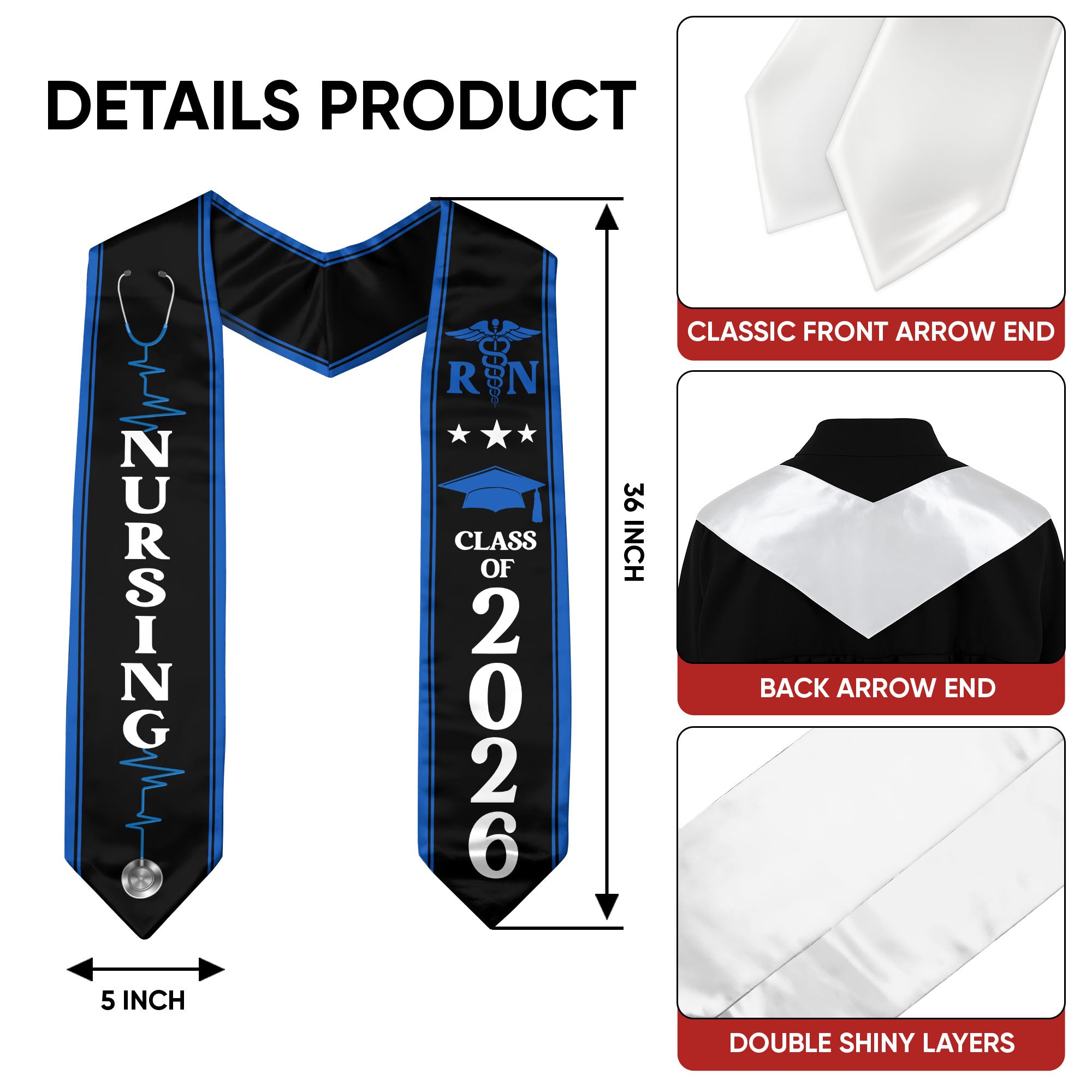 RN Nurse Graduation Stole 2026, Traditional Nursing Graduation Sash