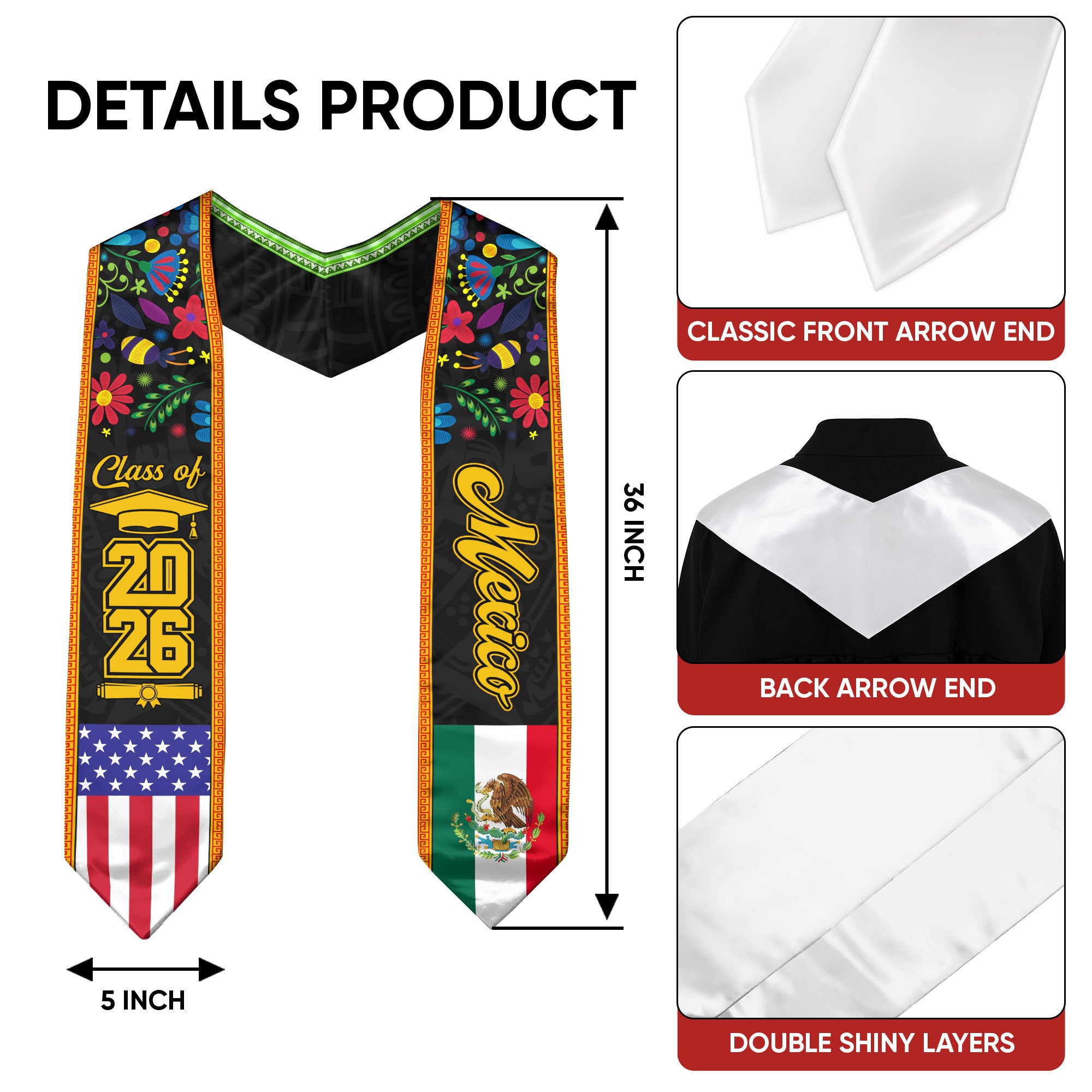 Mexican Graduation Sash 2026, Mexico Flag Stole, Classic Graduation Accessory for Grads