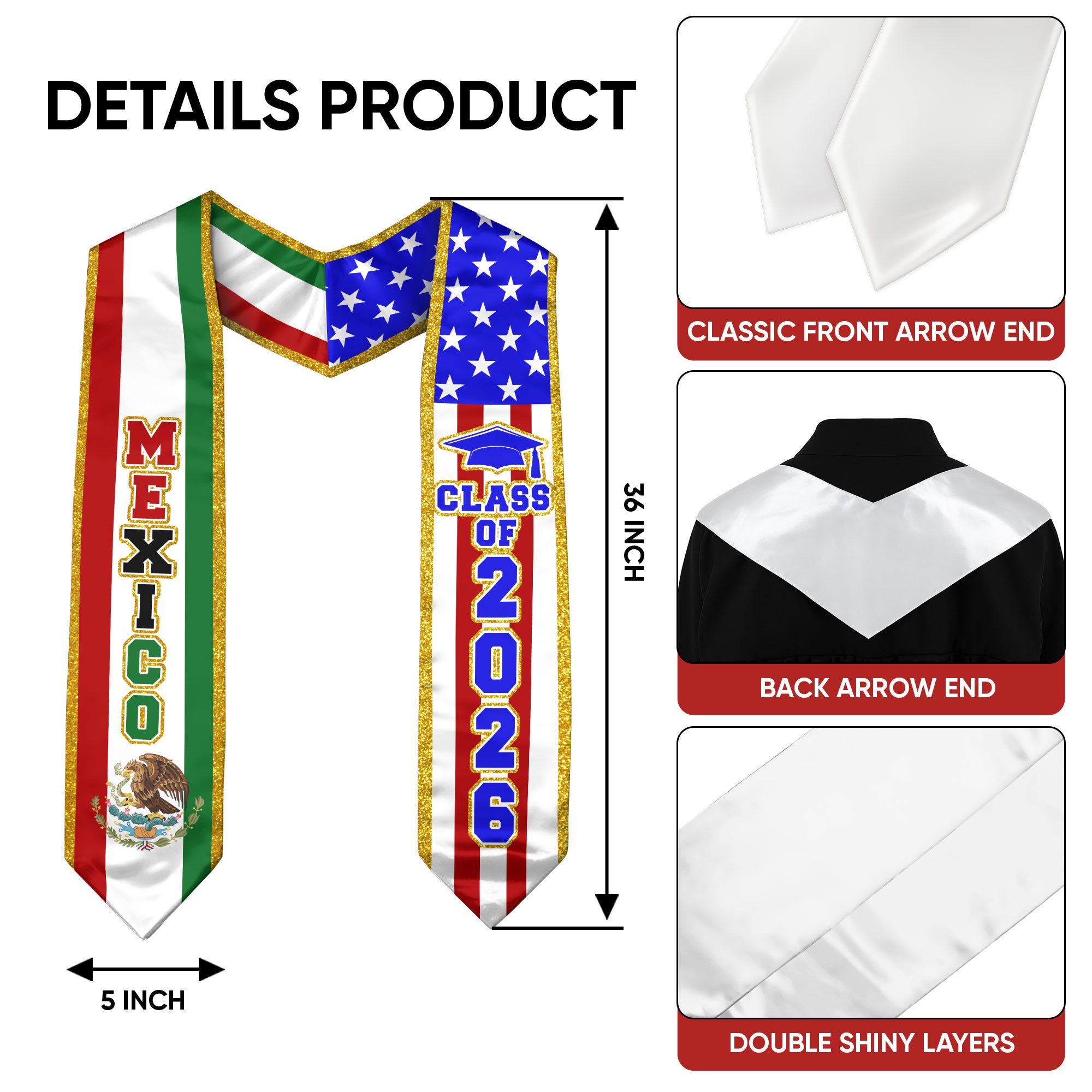 Mexico Flag Graduation Stole 2026, Mexican Sash for Graduation, Classic Photo Ceremony