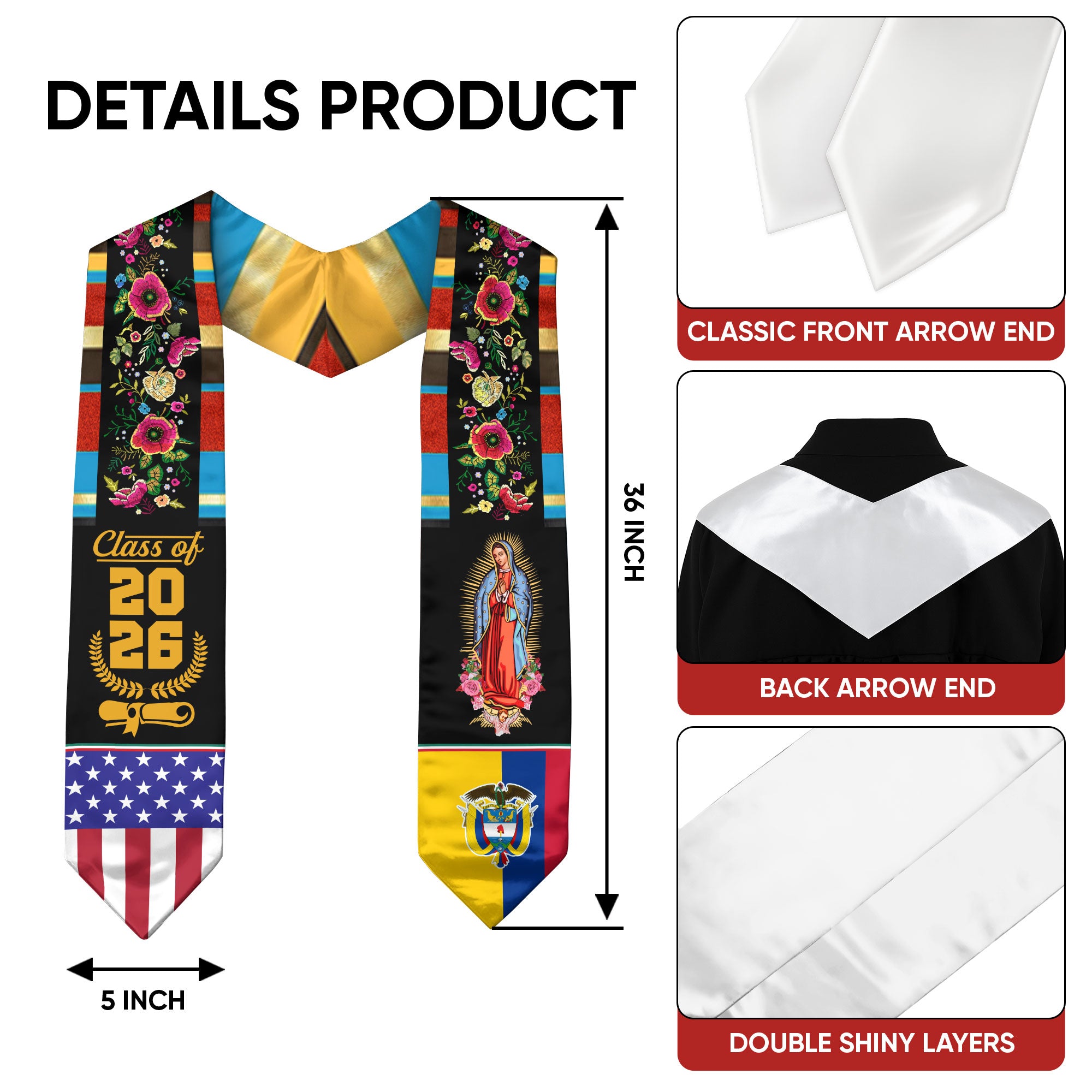 Graduation Stole Colombia 2026 Featuring Flag Colors, Formal Graduation Sash for Class of 2026