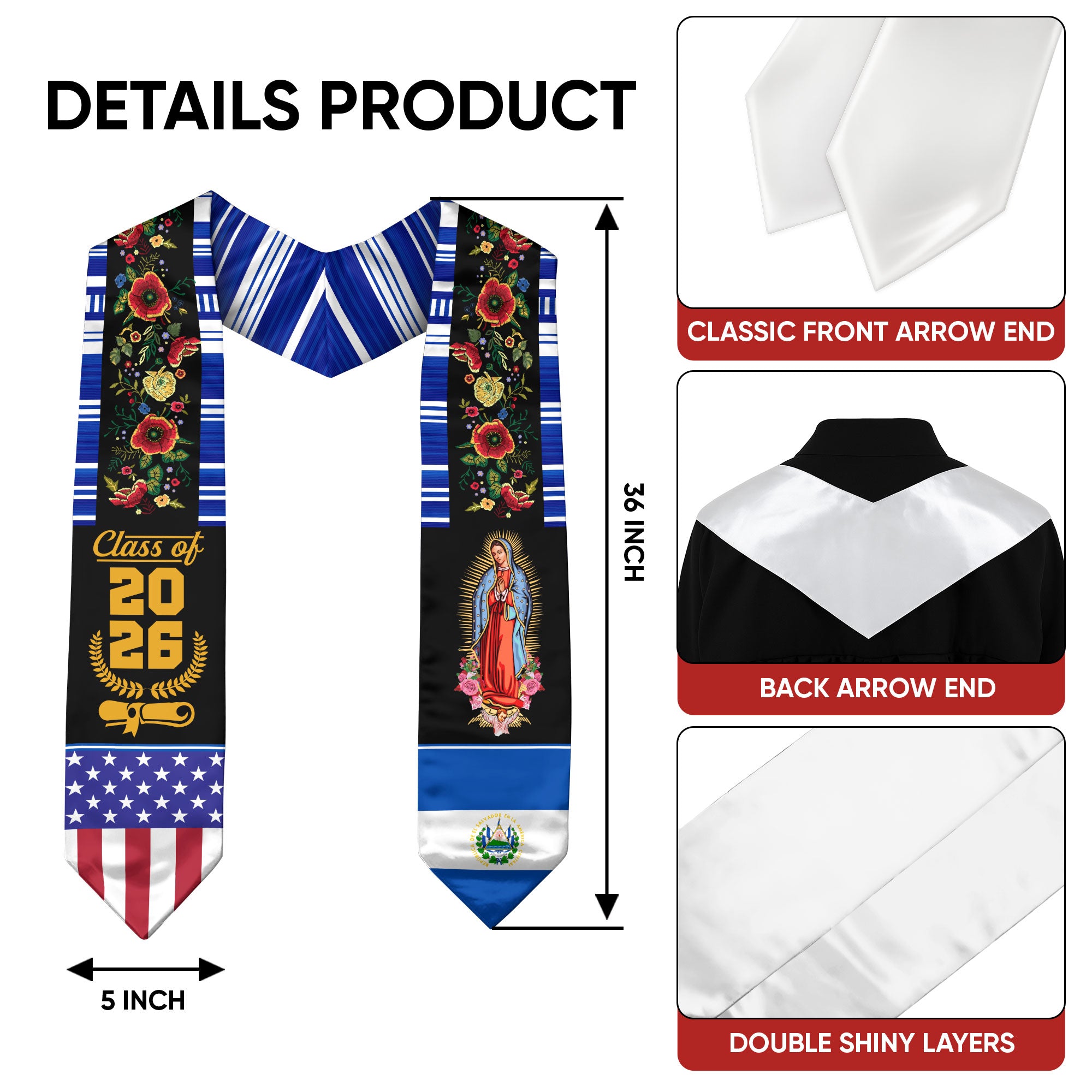 Graduation Stole El Salvador, Salvadoran Flag Graduation Sash for 2026 Graduates