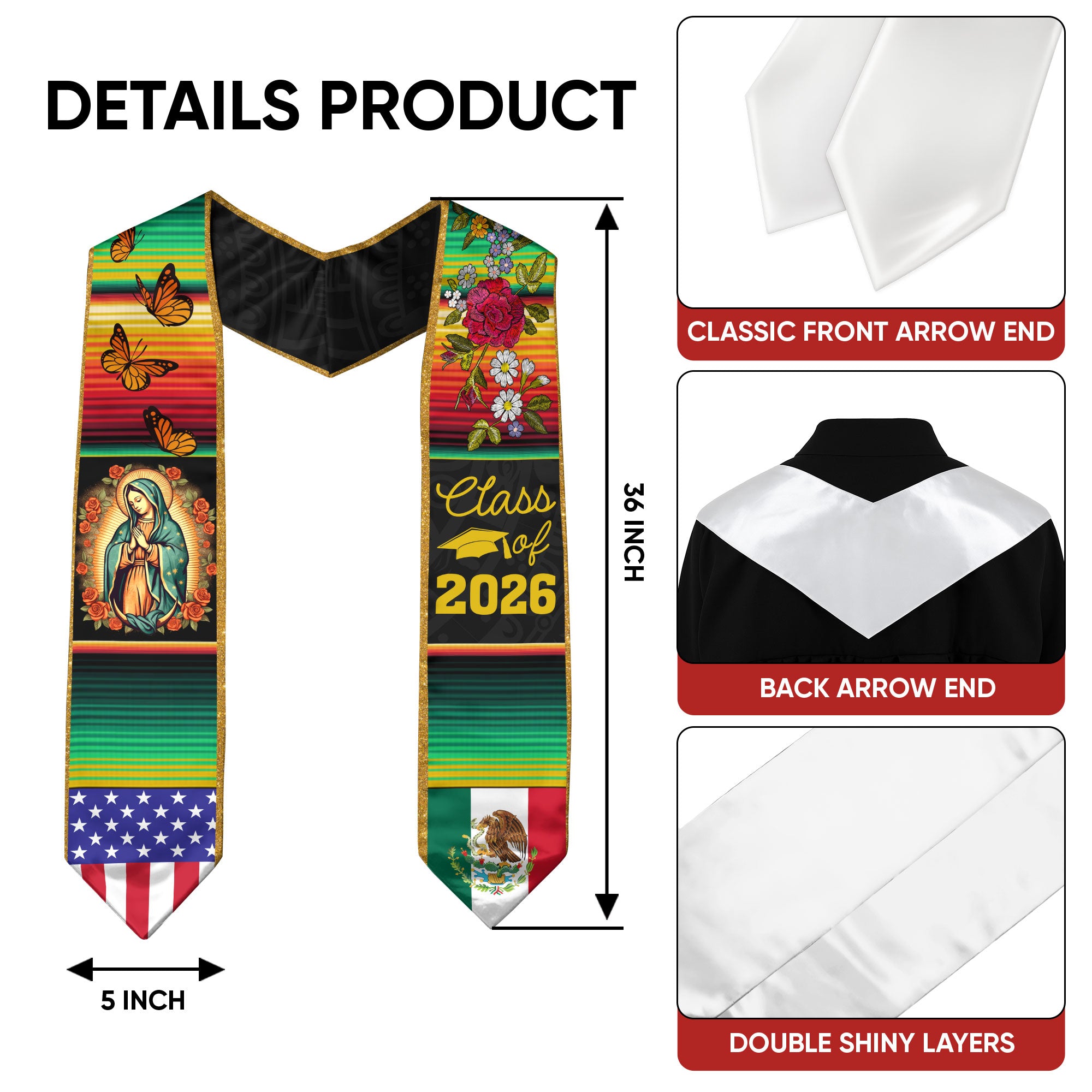 Mexican Flag Graduation Sash 2026, Mexico Stole for Grads, Classic Stole for Ceremony
