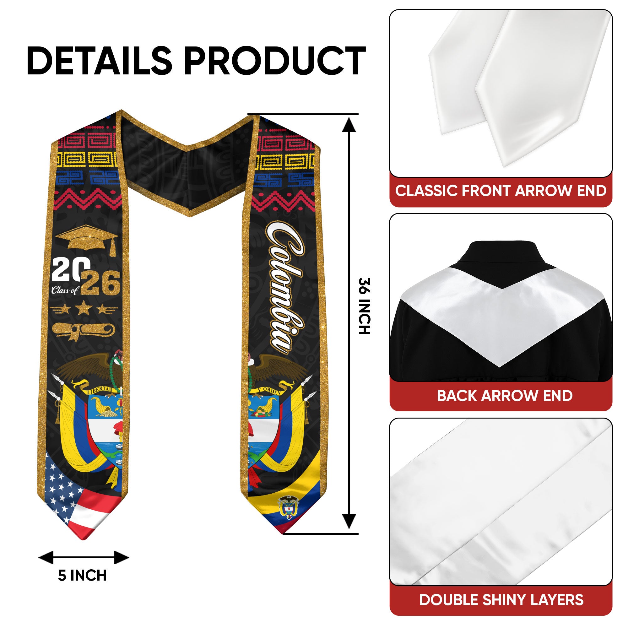 Colombia Flag Graduation Sash 2026, Classic Graduation Stole for Academic Ceremony Class of 2026