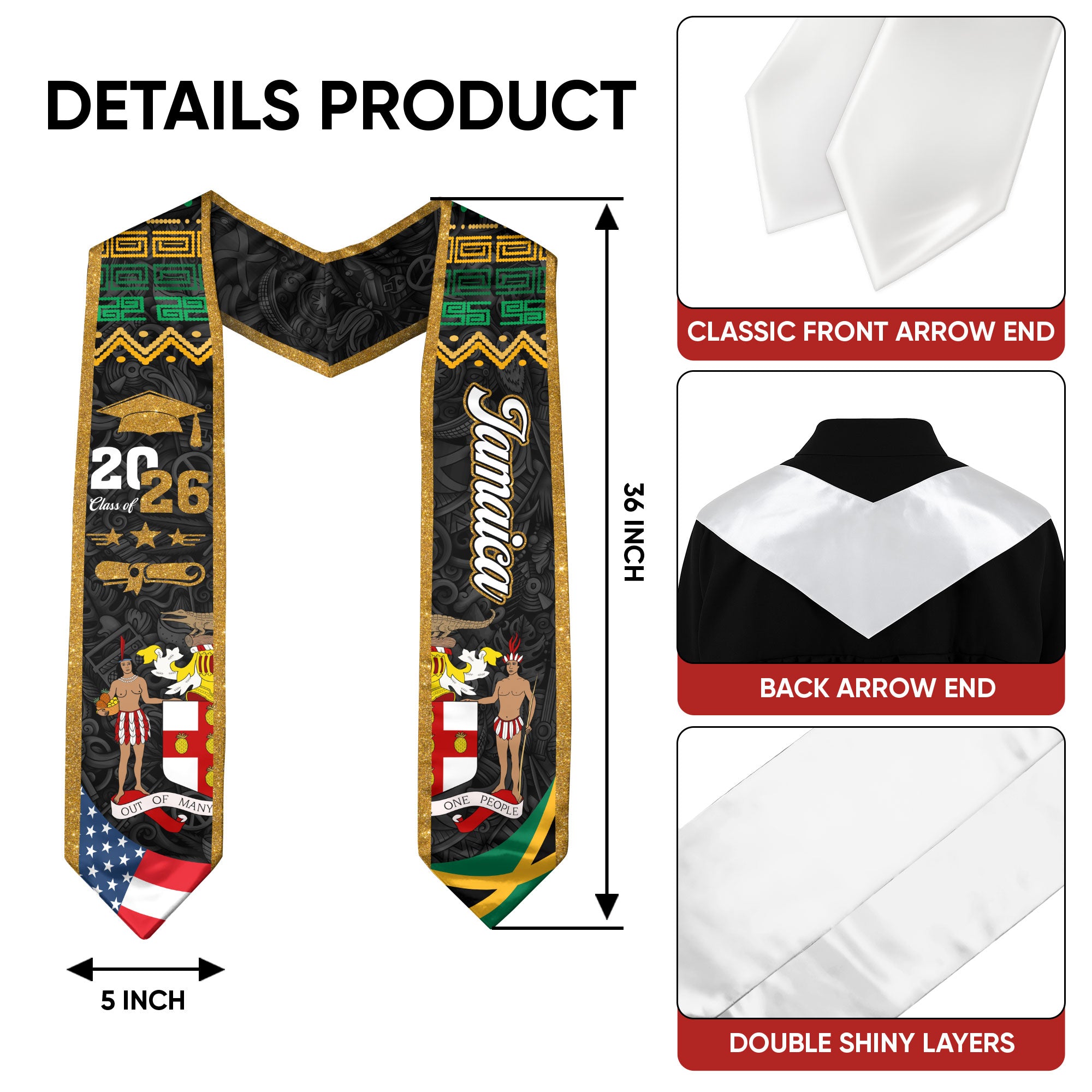 Jamaica American Graduation Stole, Jamaica Flag Graduation Sash Class of 2026