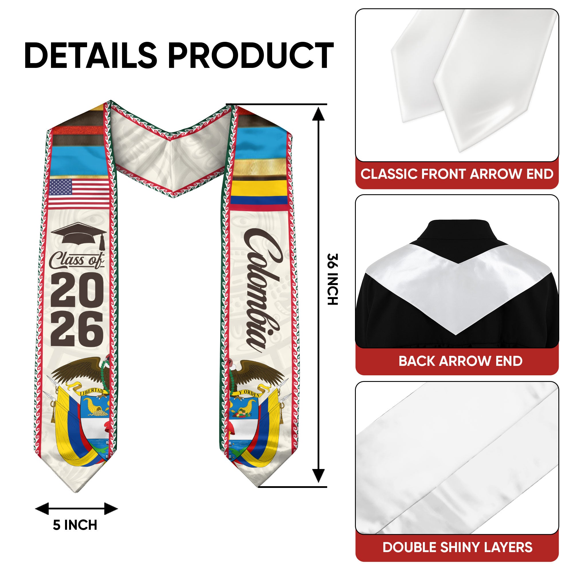 Colombian Graduation Stole 2026, Flag Inspired Graduation Sash for the Class of 2026