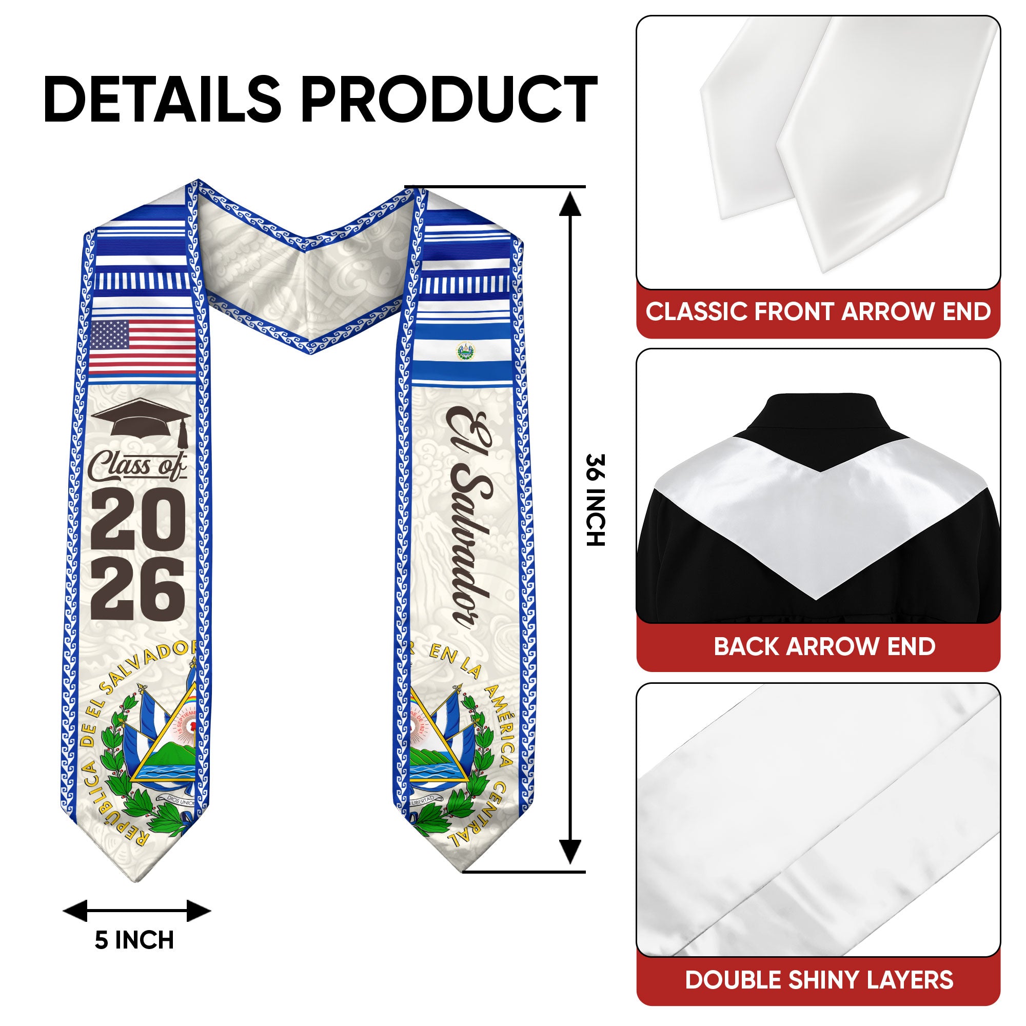 El Salvador American Graduation Stole, El Salvador Flag Graduation Sash Class of 2026