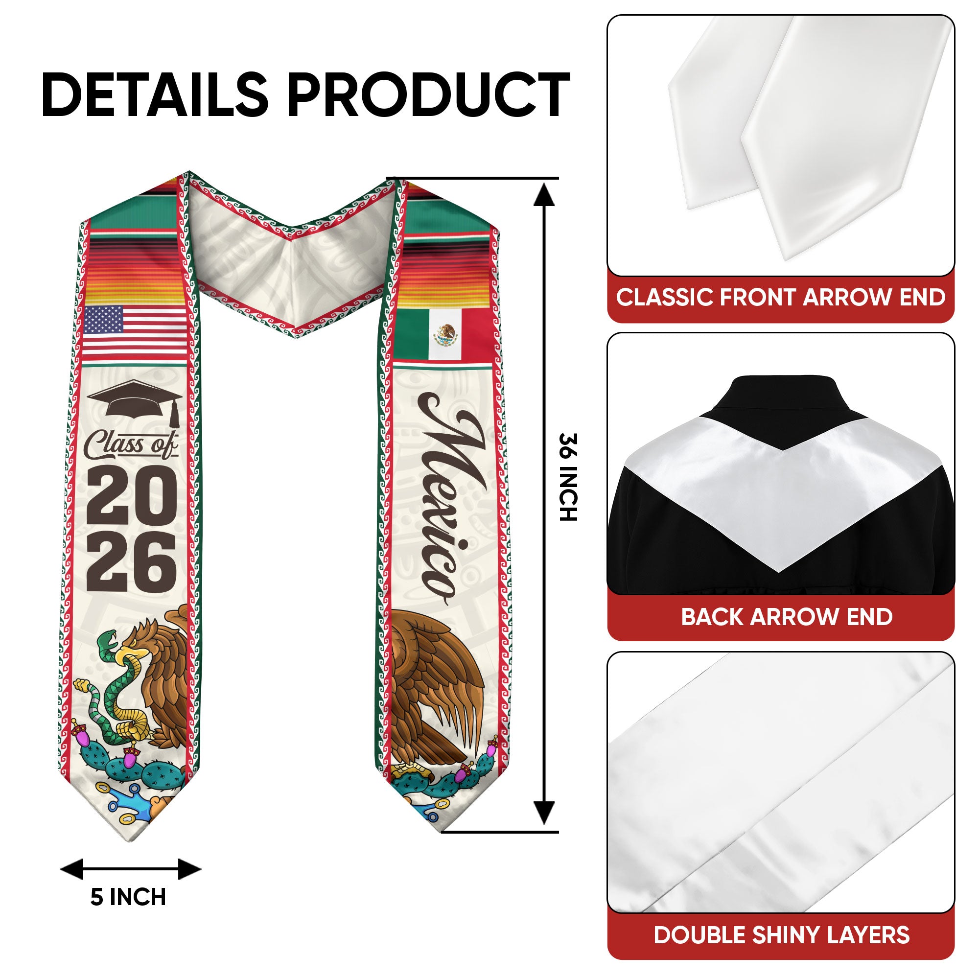 Mexico Graduation Stole 2026, Mexico Flag Sash, Classic Graduation Stole for Class 2026