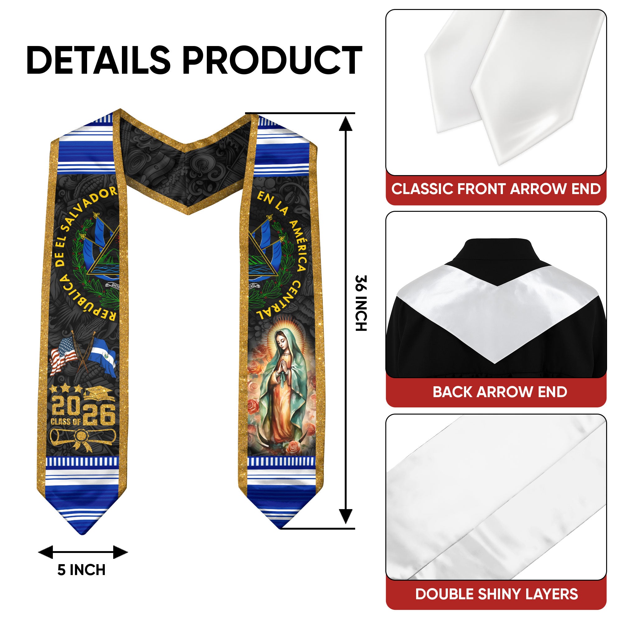 El Salvador Flag Graduation Stole 2026, Salvadoran Graduation Stole 2026
