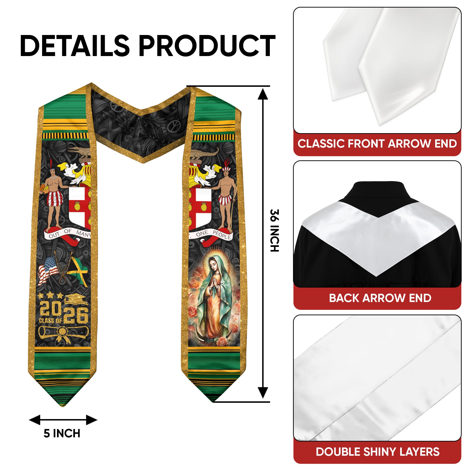 Jamaica Graduation Stole 2026, Jamaican Flag Graduation Sash, Classic Academic Stole for Class of 2026