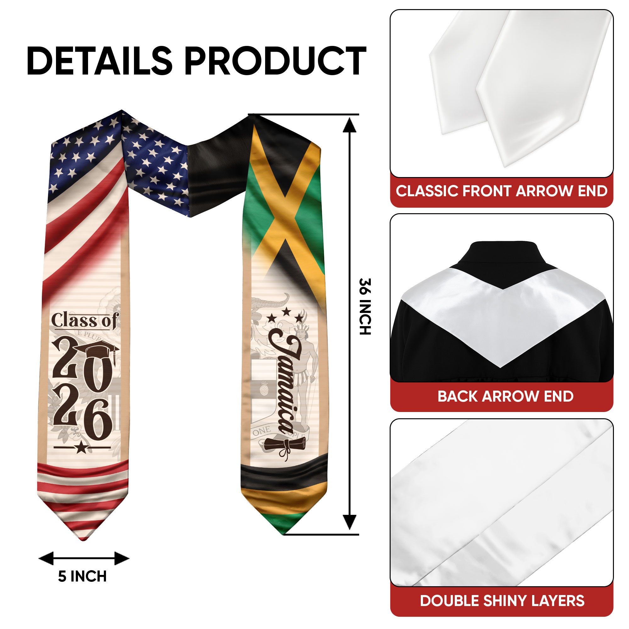 Jamaica Flag Graduation Stole 2026, Jamaican Graduation Sash, Elegant Design for Class of 2026