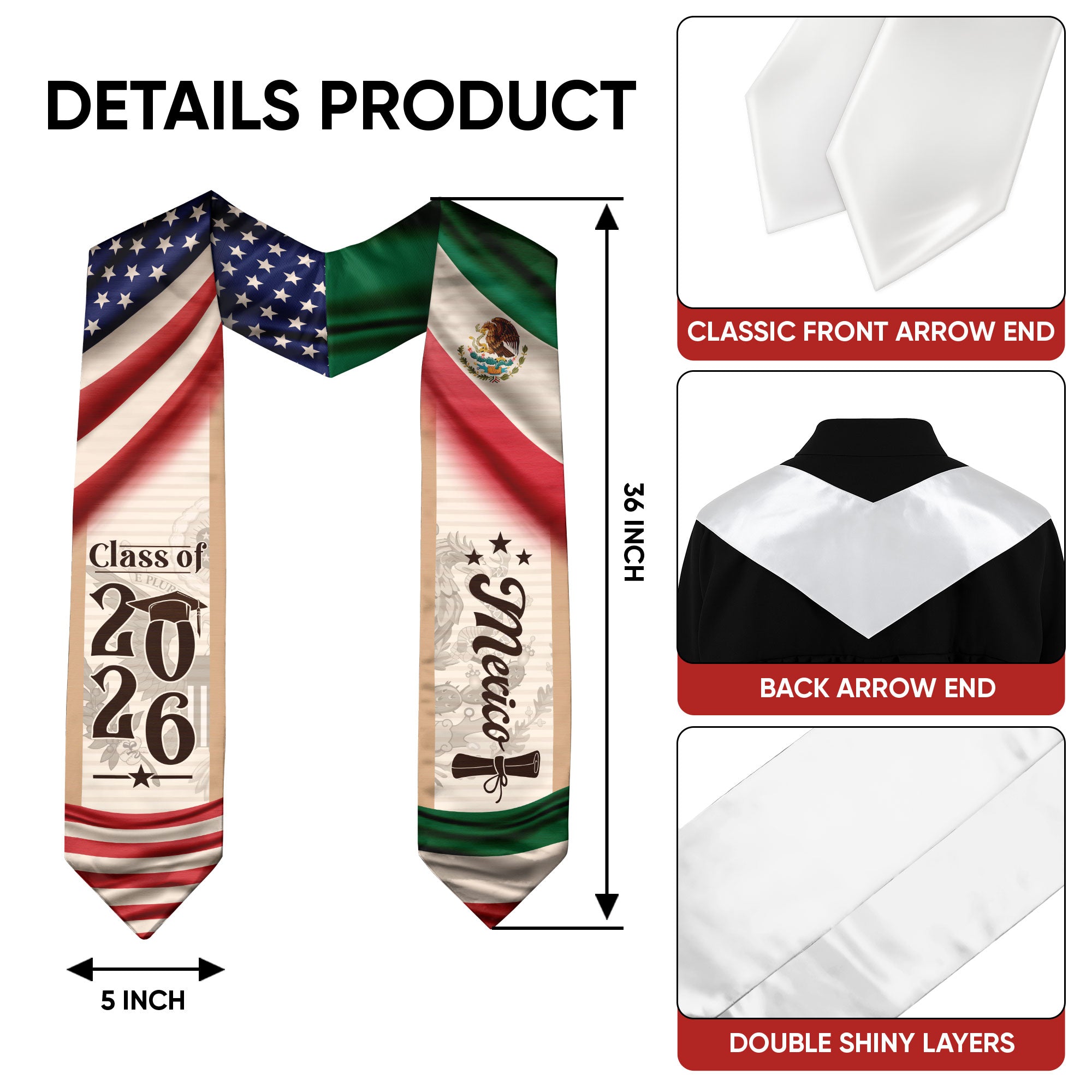 Mexico Graduation Sash 2026, Mexican American Flag Graduation Sash, Mexican Stole