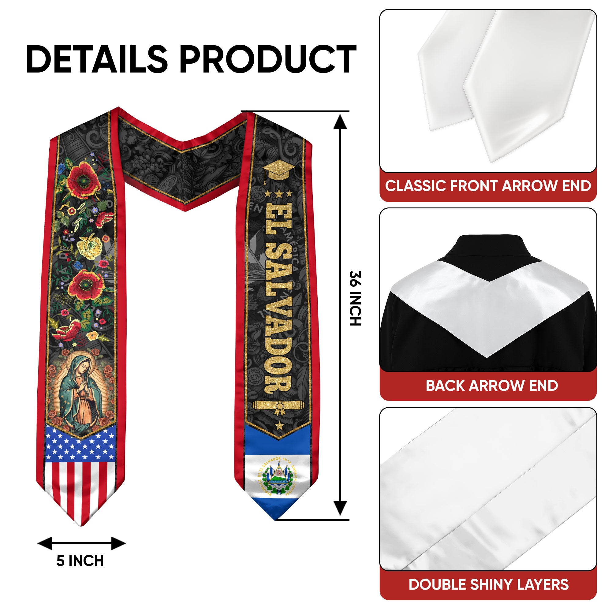 El Salvador Graduation Stole 2026, Salvadoran Flag Graduation Sash, Academic Style for Graduates