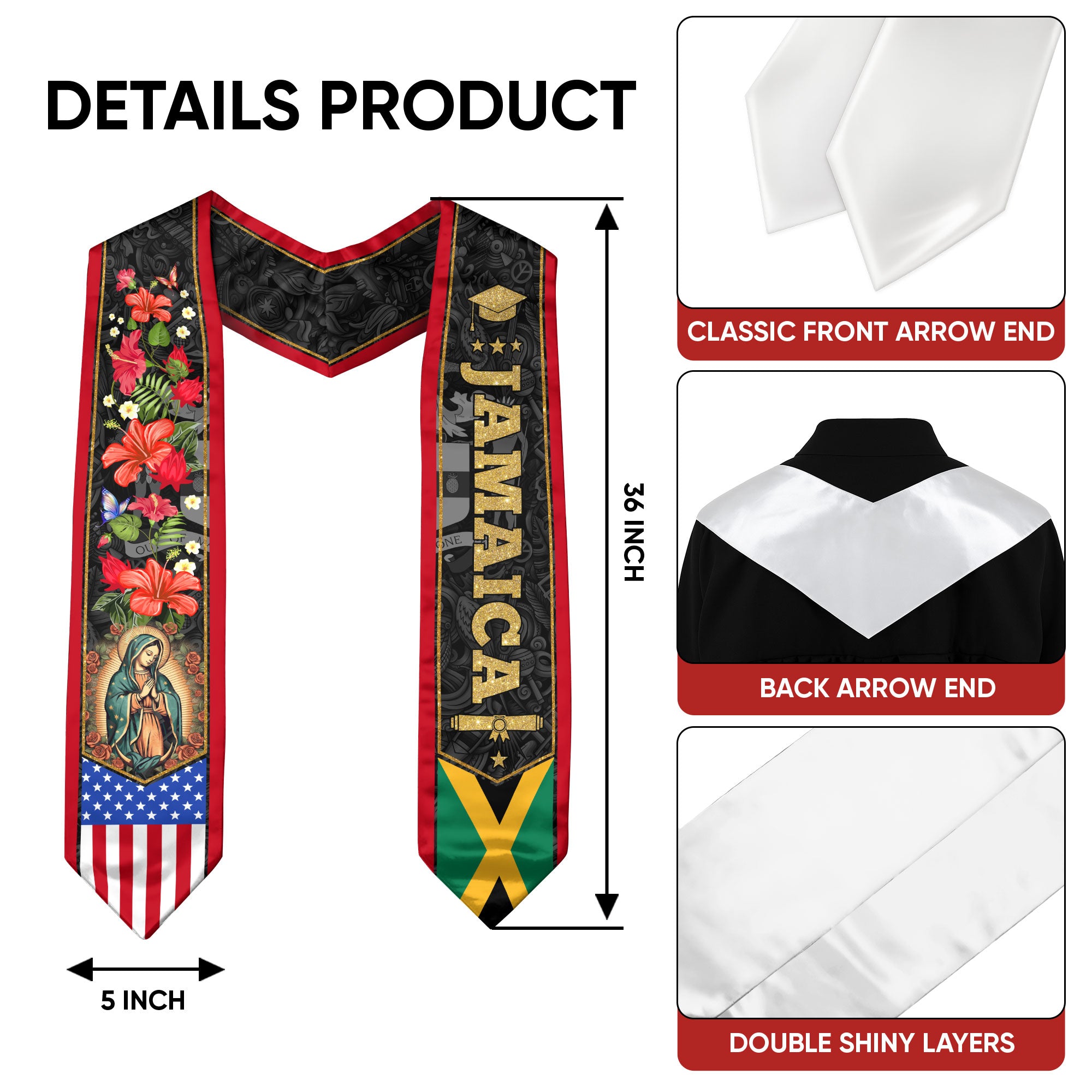 Jamaica Graduation Stole 2026, Island Flag Sash, Formal Graduation Stole Style