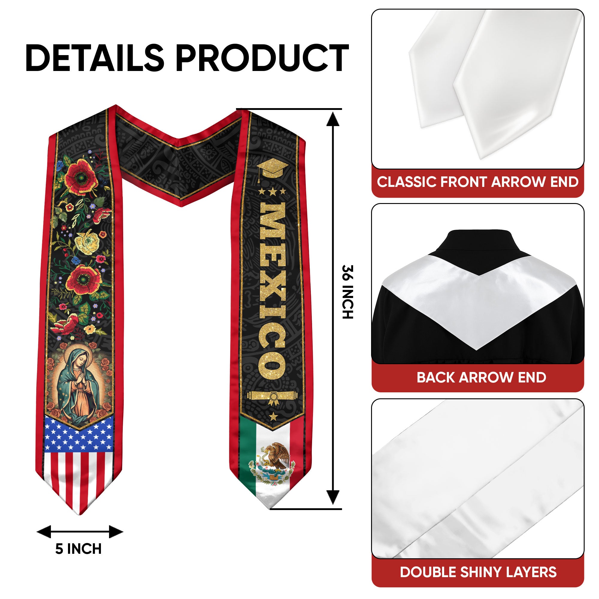 Mexican American Flag Grad Sash 2026, Mexican Graduation Sash, Mexico Graduation Stole