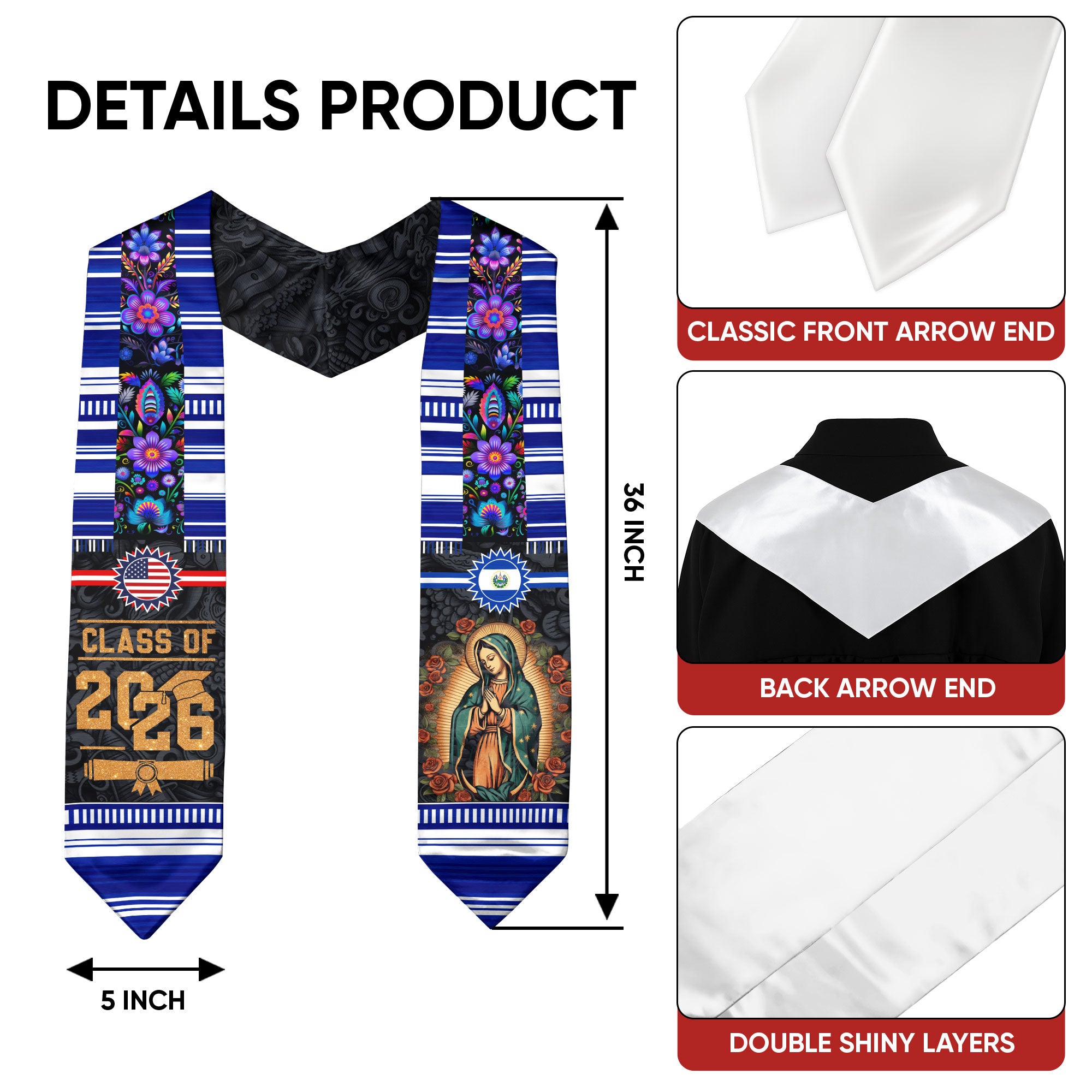 Salvadoran Flag Graduation Stole 2026, El Salvador Graduation Sash for Academic Ceremony Event