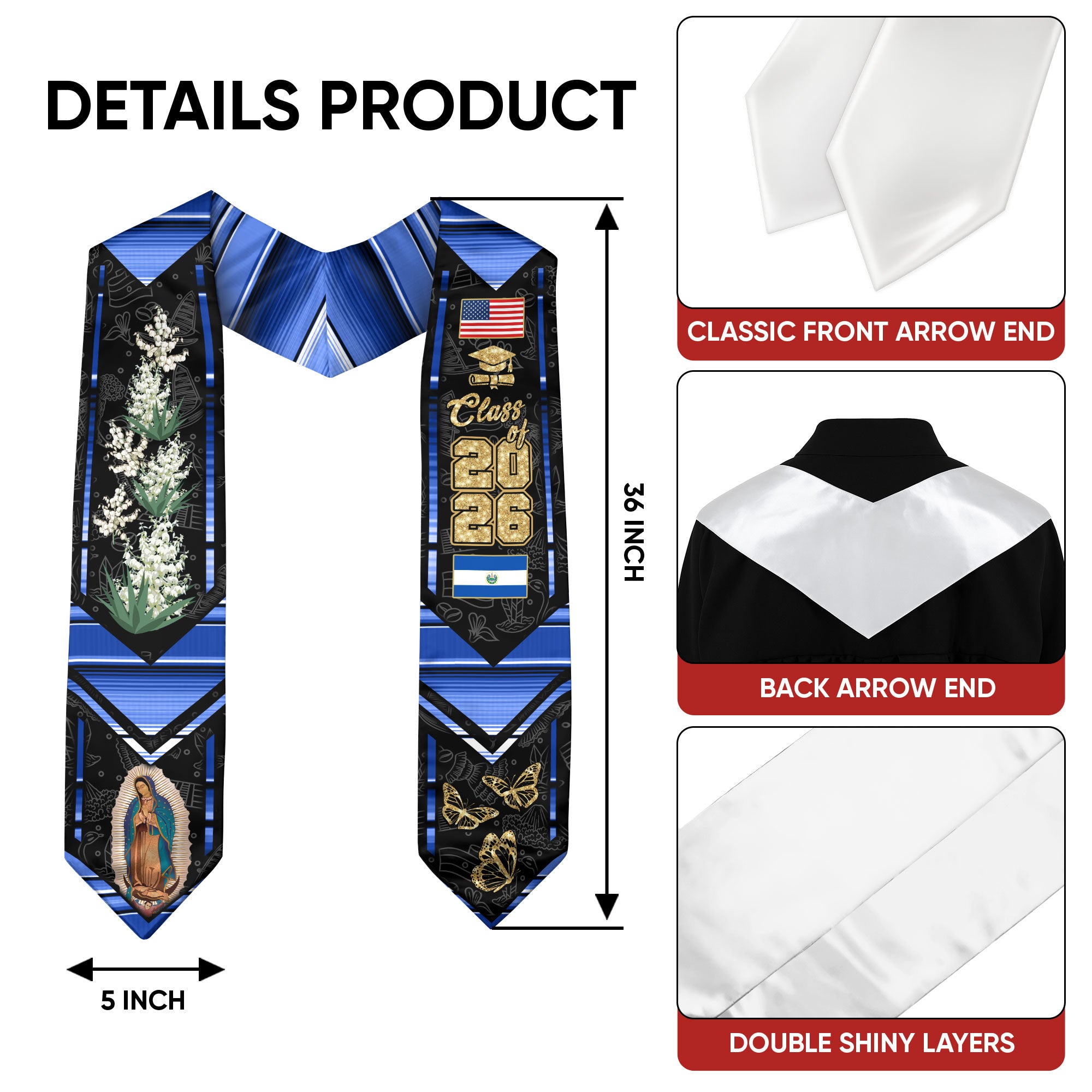 El Salvador Graduation Stole 2026, Salvadoran Flag Graduation Sash, Grad Stole