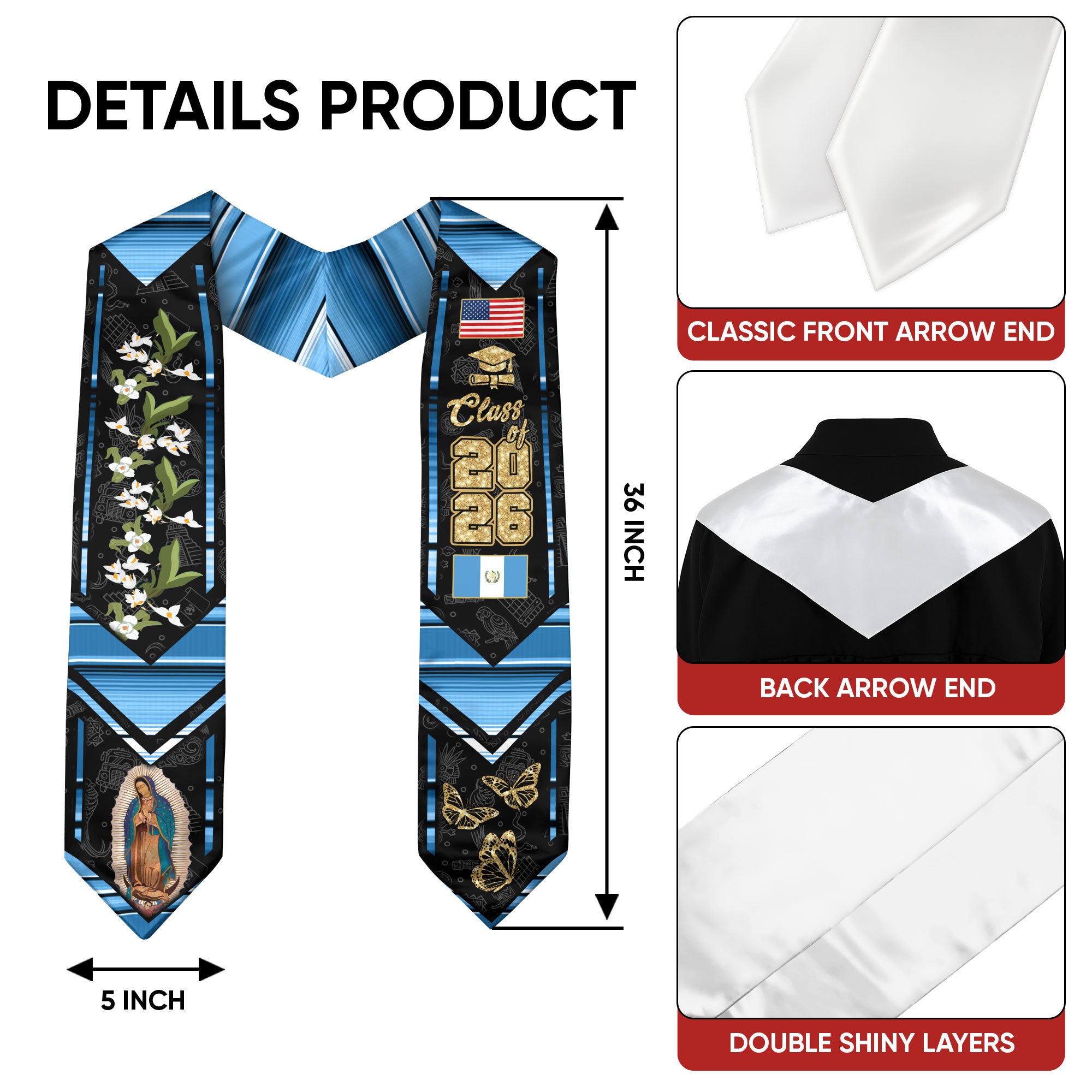 Guatemala Graduation Stole 2026, Guatemalan Flag Sash, Classic Graduation Stole Design