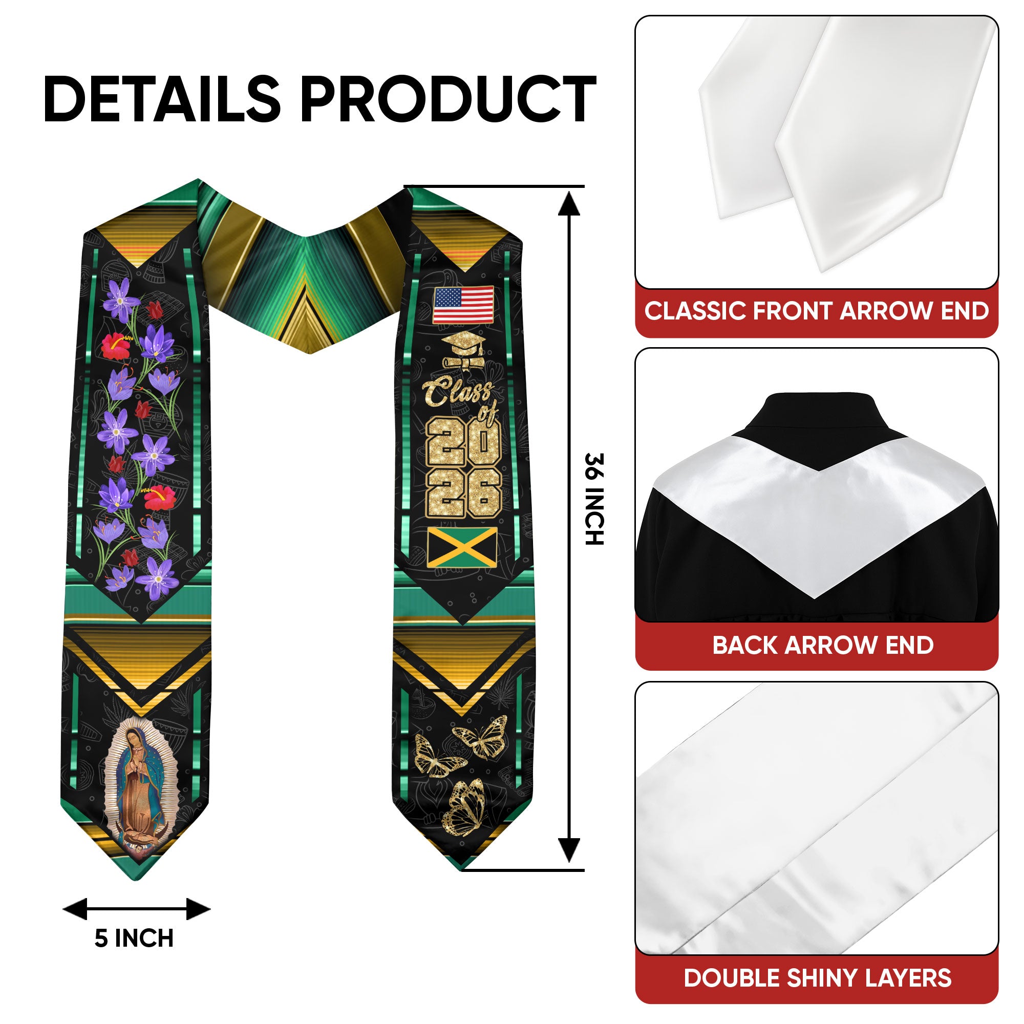 Jamaica Graduation Sash 2026, Jamaican Flag Graduation Sash, Classic Graduation Stole Design