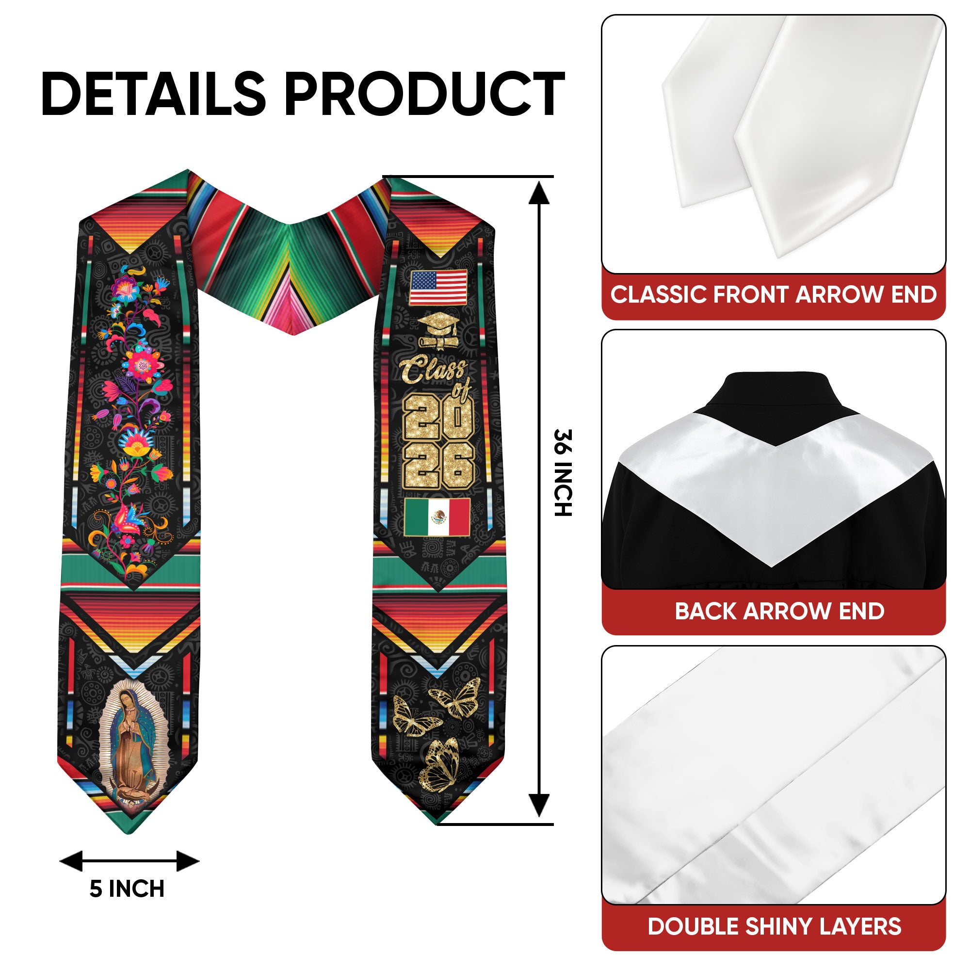 Mexican Graduation Sash 2026, Mexican American Flag Stole, Graduation Stole 2026