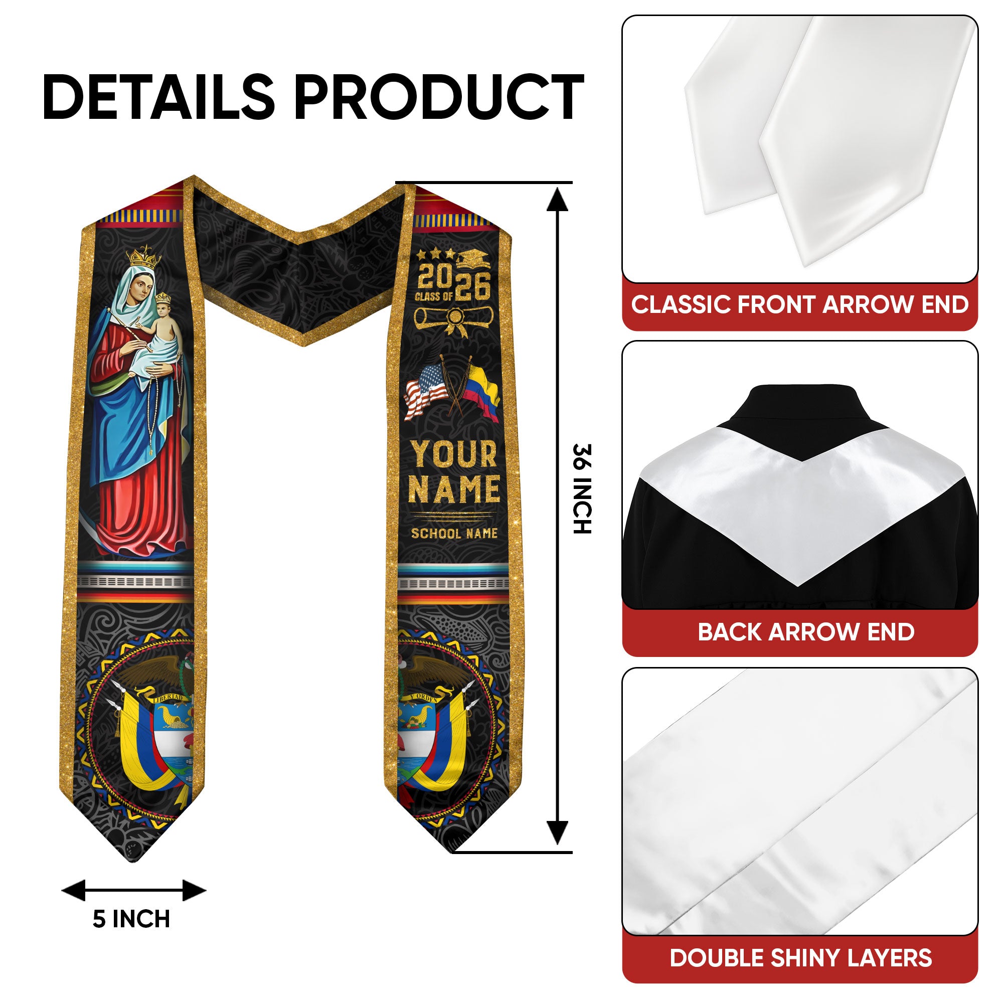 Colombia Graduation Stole 2026, Colombian Flag Sash, Tailored Detail for Class of 2026