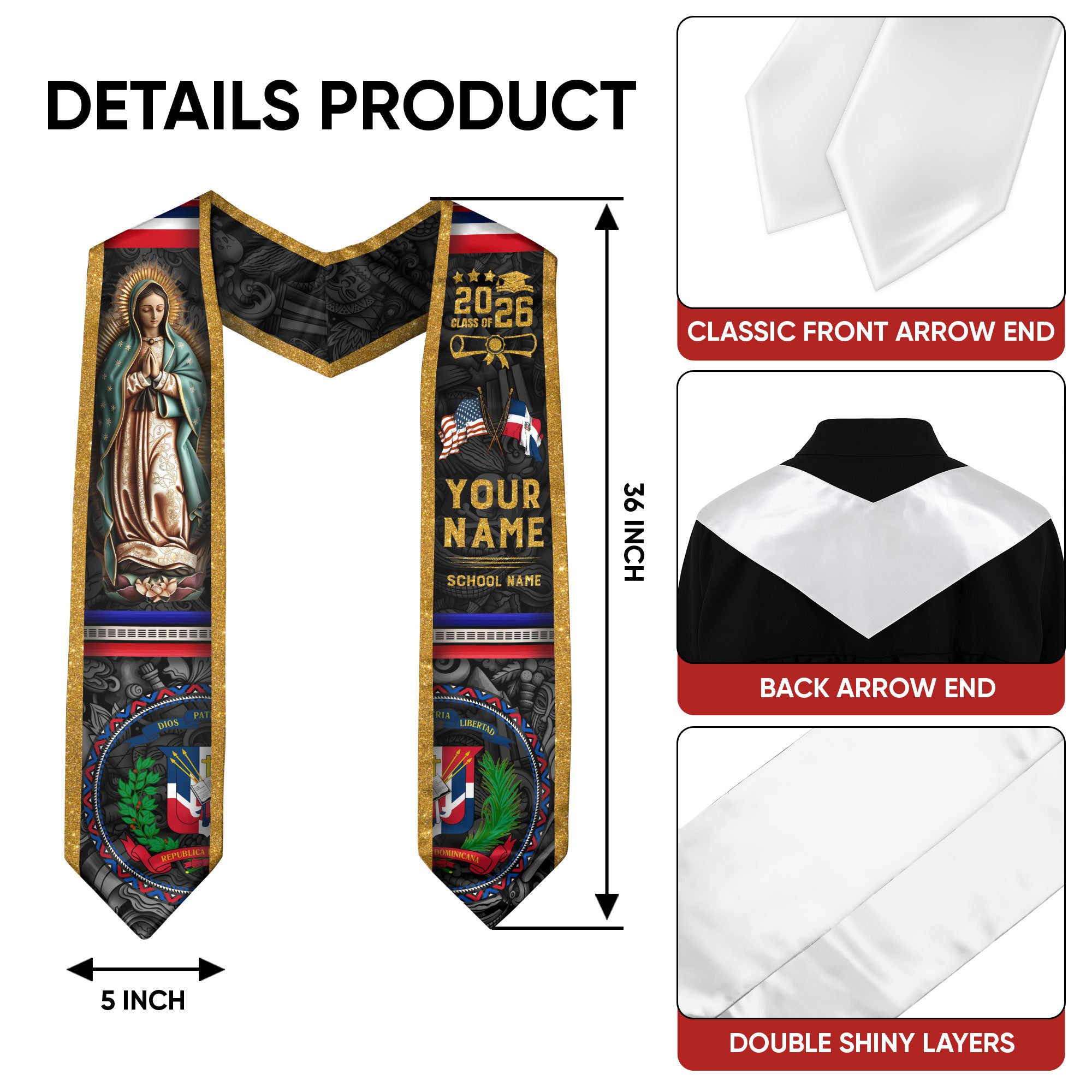 Dominican Graduation Stole 2026, Dominican Flag Sash, Custom Detail Option for Graduates