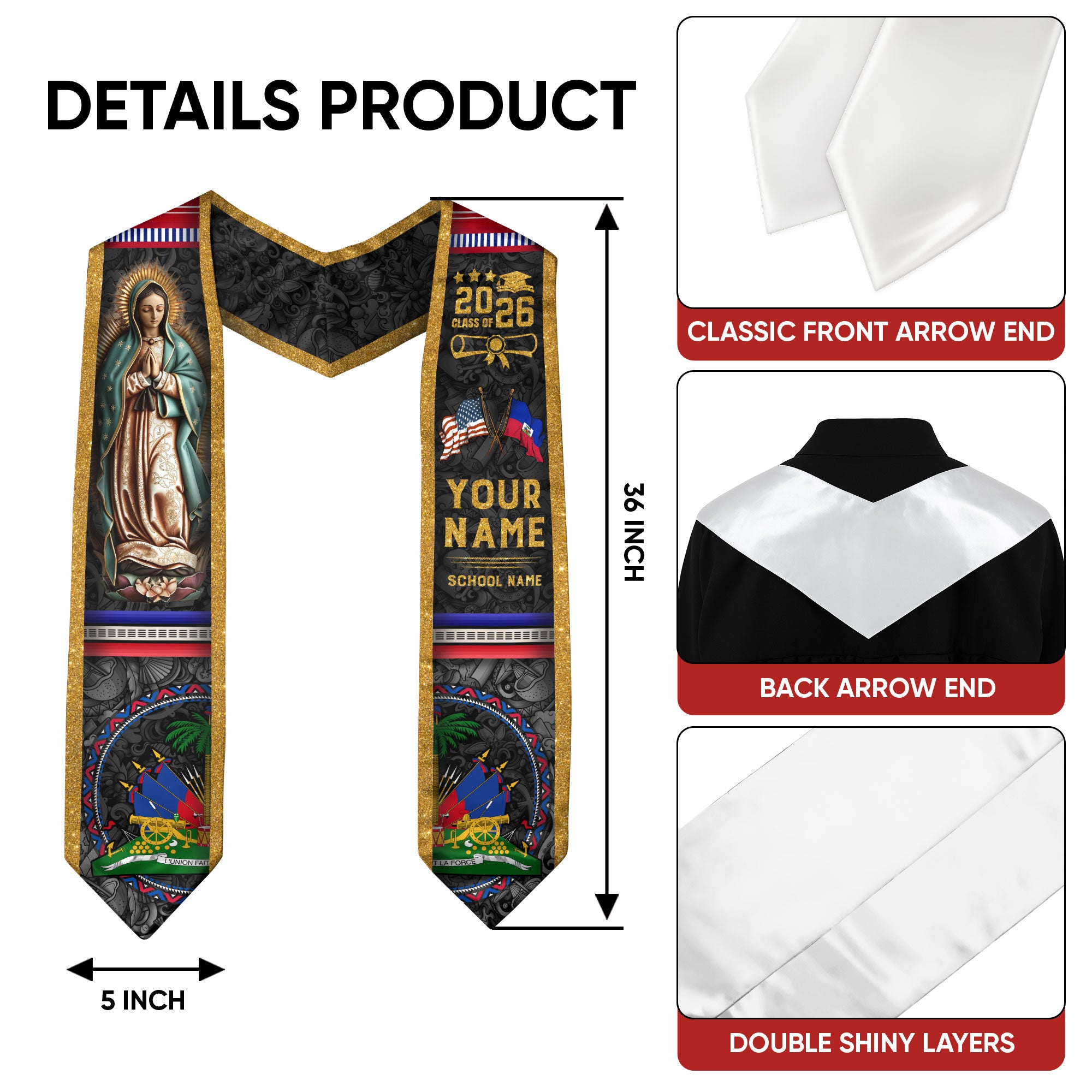 Haiti Graduation Stole 2026, Haitian Flag Sash, Tailored Detail for Class of 2026 Grads