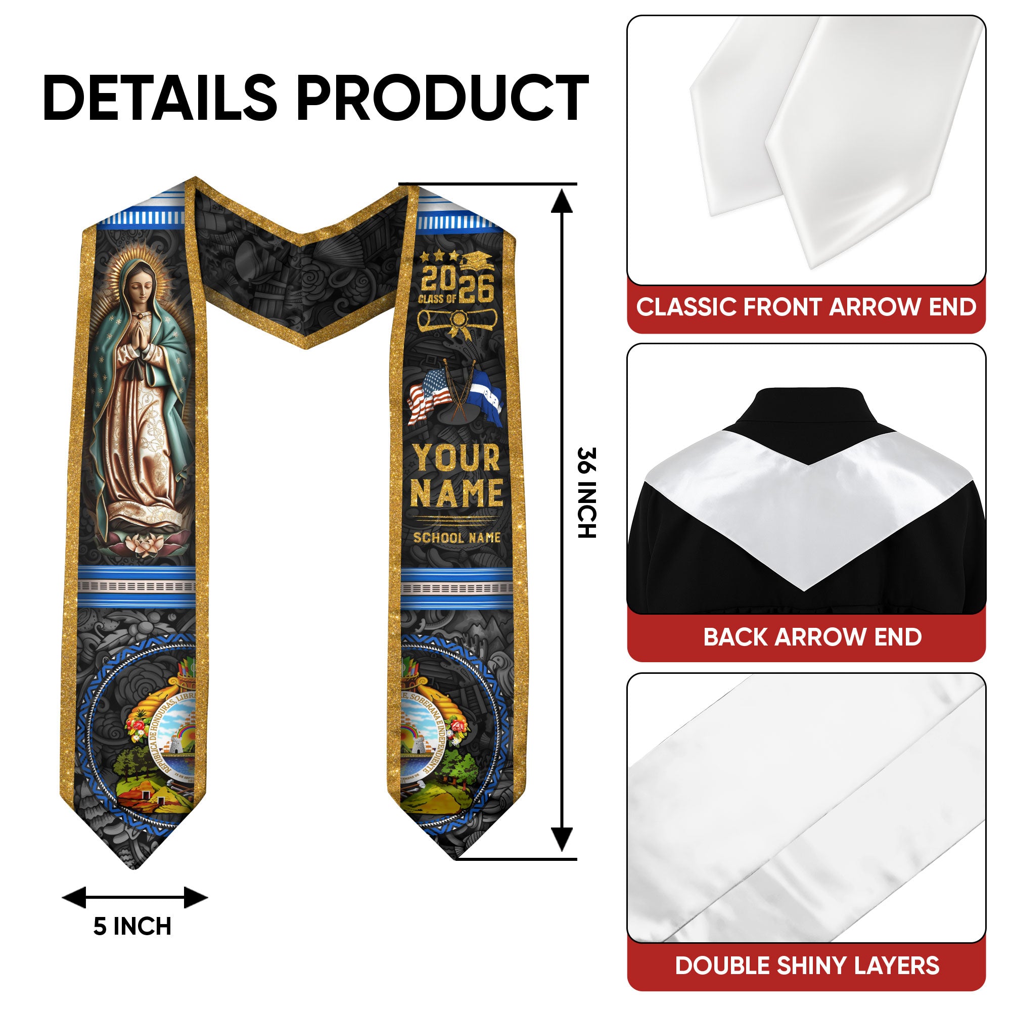 Honduras Graduation Stole 2026, Honduran Flag Graduation Sash, Custom Detail Stole