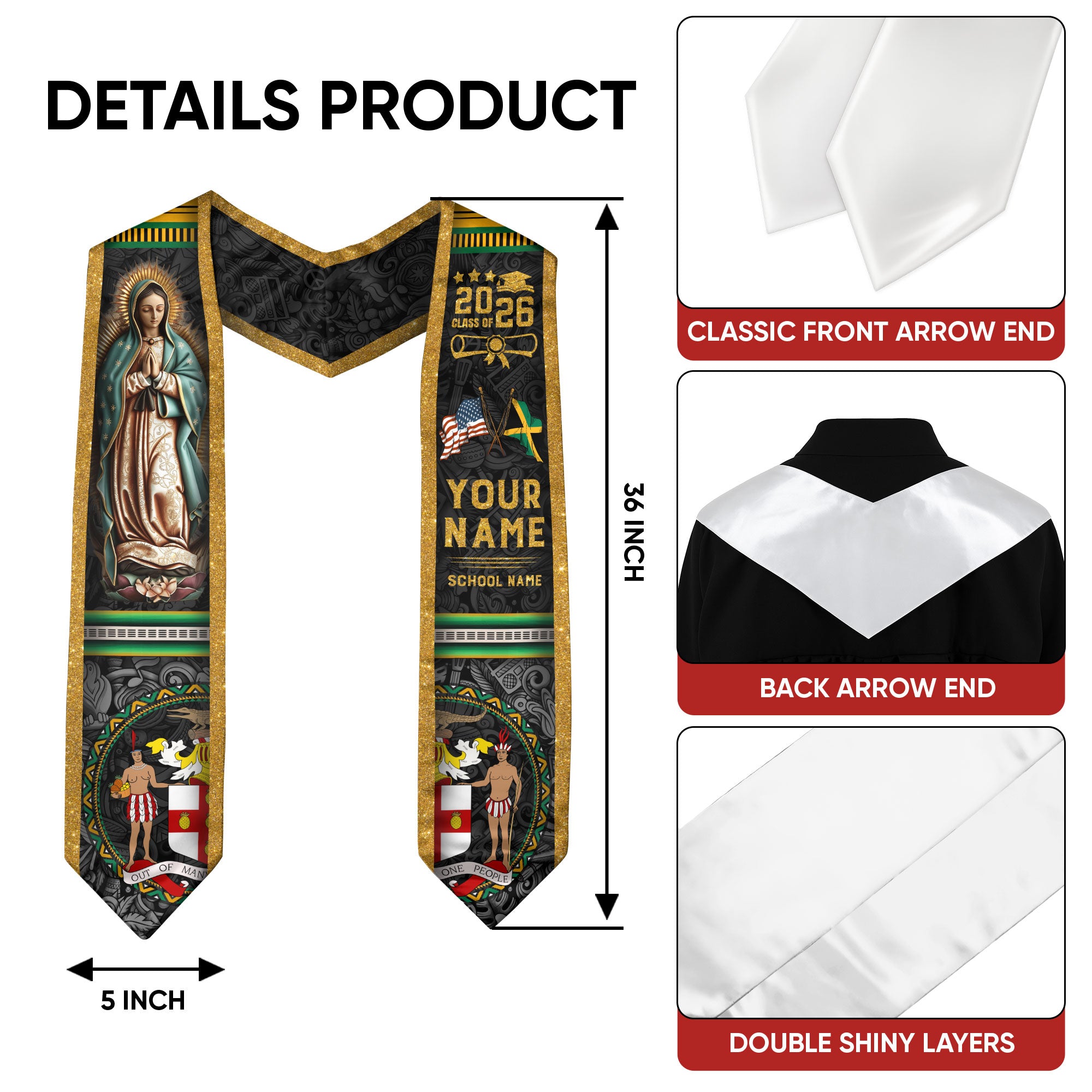 Jamaica Graduation Stole 2026, Jamaican Flag Graduation Sash, Custom Grad Stole 2026