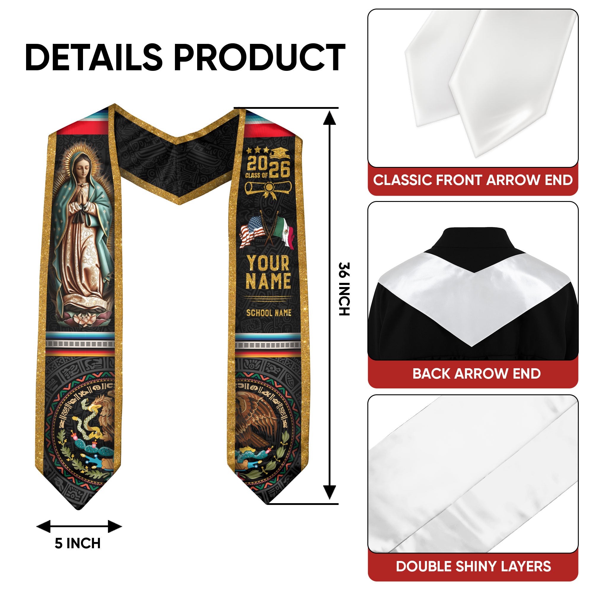 Mexican Graduation Sash 2026 Custom, Mexican American Flag Stole, Mexico Graduation Stole