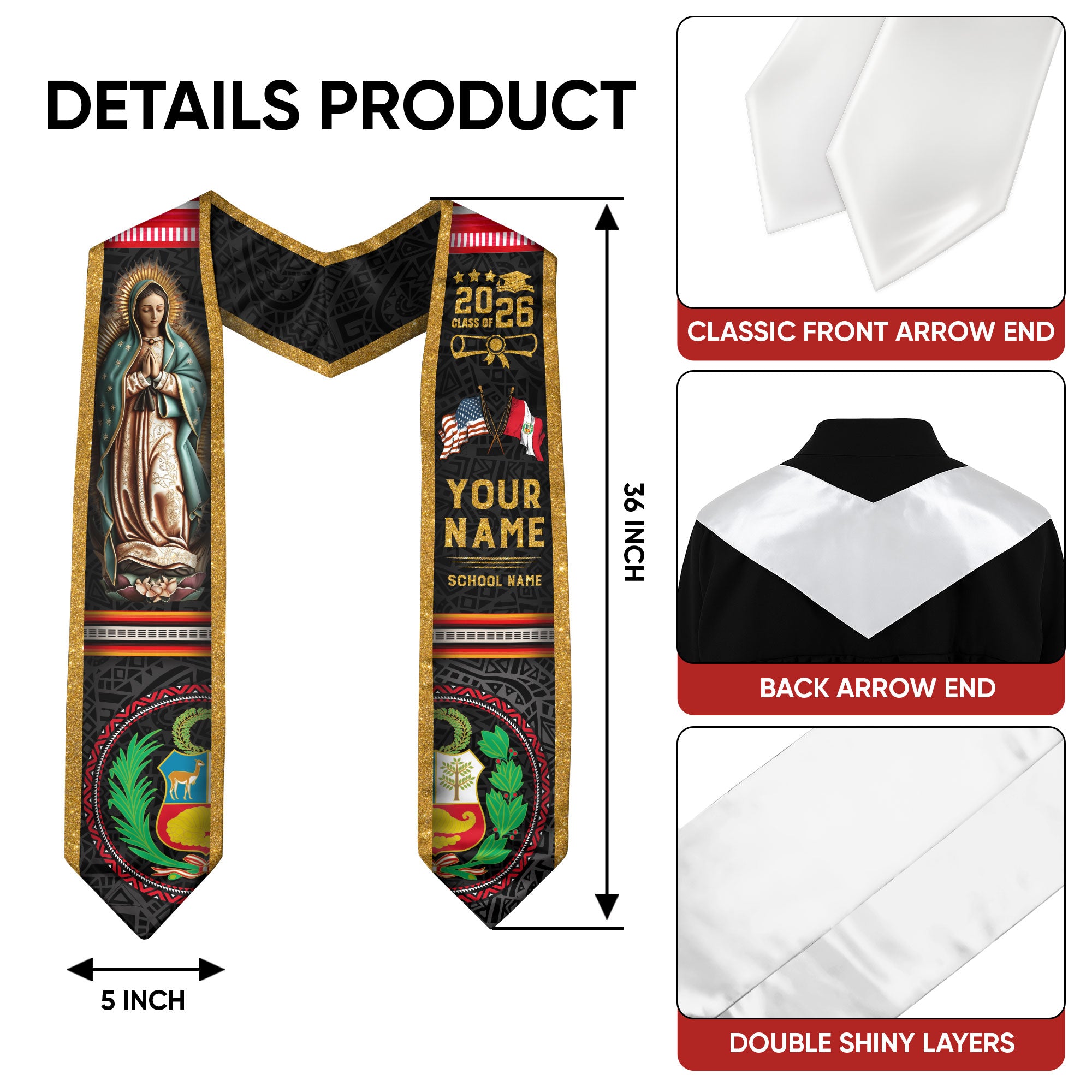 Peru Graduation Stole 2026, Peruvian Flag Sash, Tailored Detail for Class of 2026 Grads