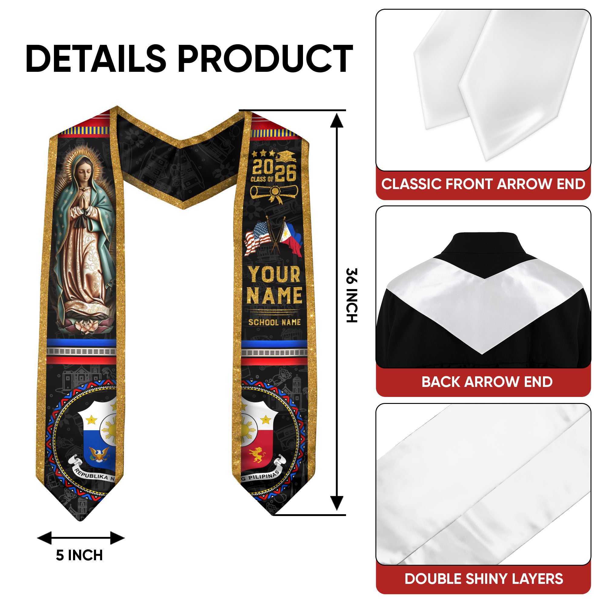 Philippines Graduation Stole 2026, Filipino Flag Graduation Sash, Custom Grad Stole 2026