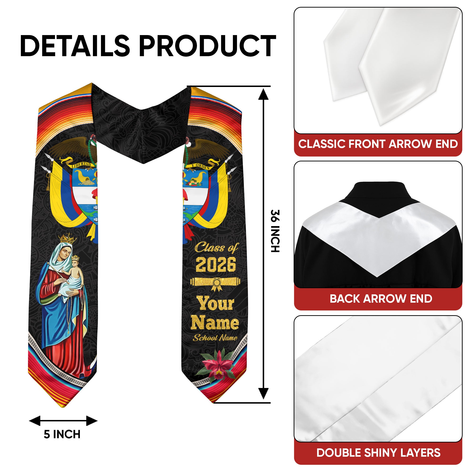 Colombian Flag Graduation Sash 2026, Colombia Stole, Signature Custom Finish for Grads