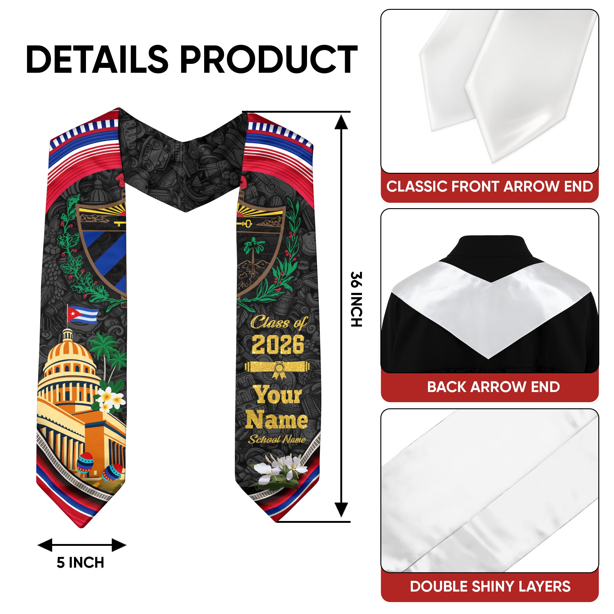 Cuban Flag Graduation Sash 2026, Cuba Stole, Signature Custom Finish for Graduates 2026