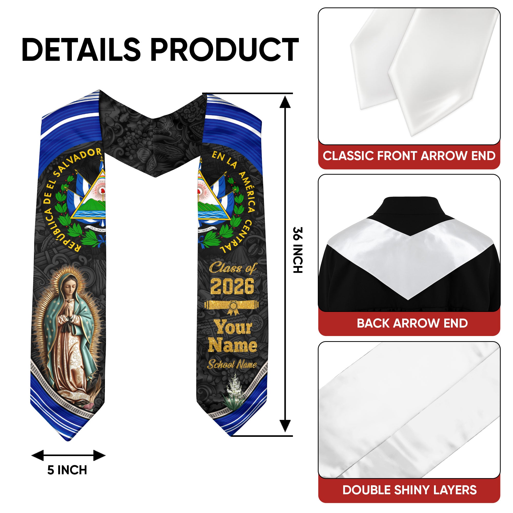 Salvadoran Flag Graduation Sash 2026, El Salvador Stole, Custom Graduation Stole