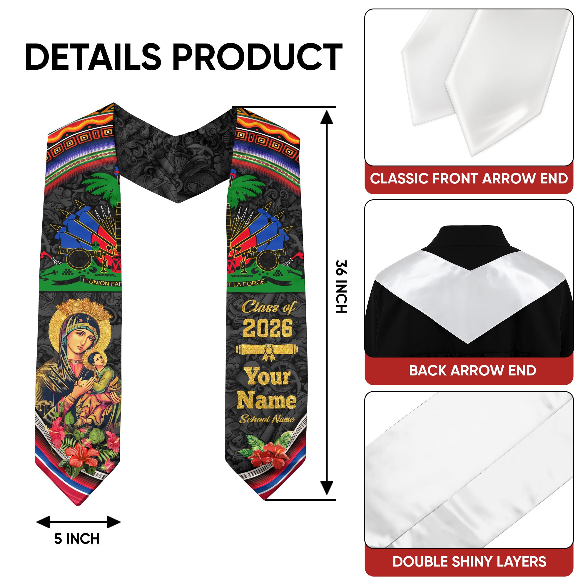Haitian Flag Graduation Sash 2026, Haiti Stole, Signature Custom Finish for Graduates
