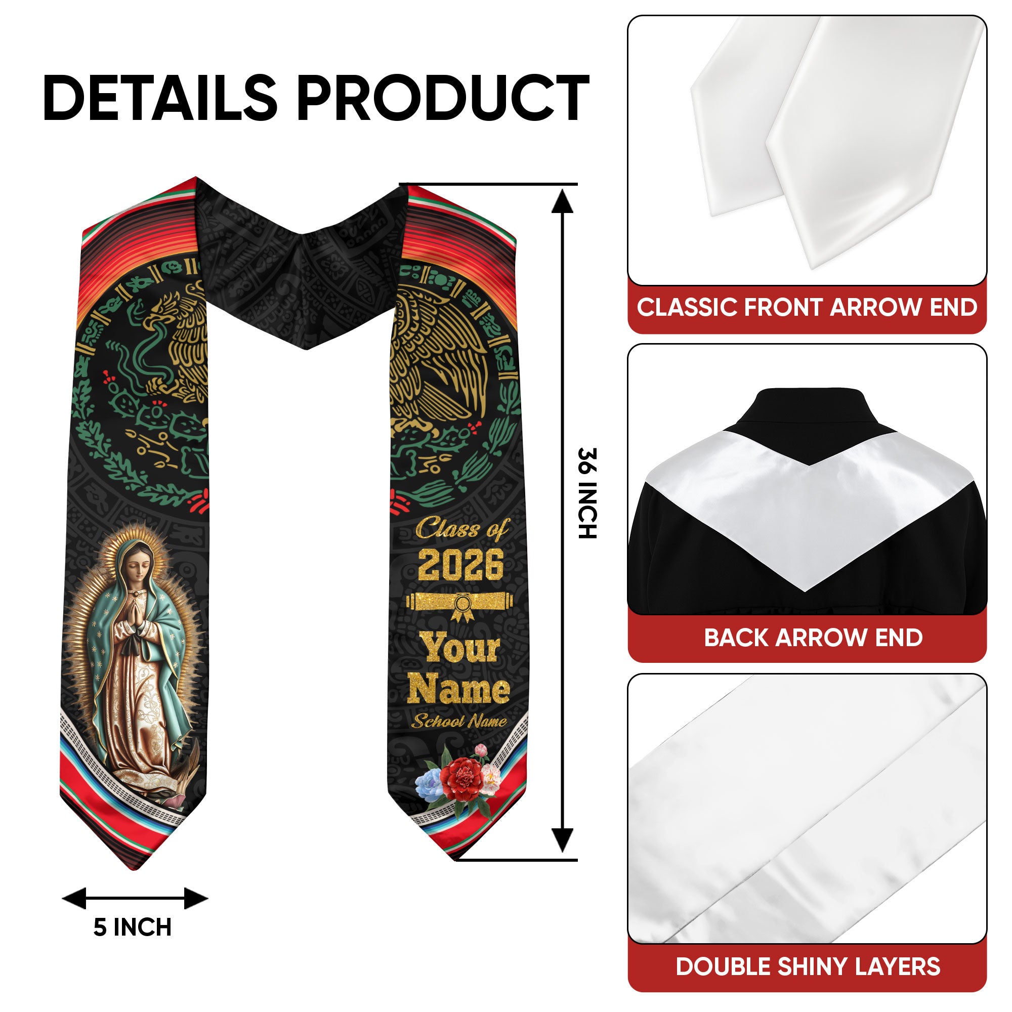 Mexican American Flag Graduation Sash 2026, Custom Mexican Stole, Mexico Graduation Stole